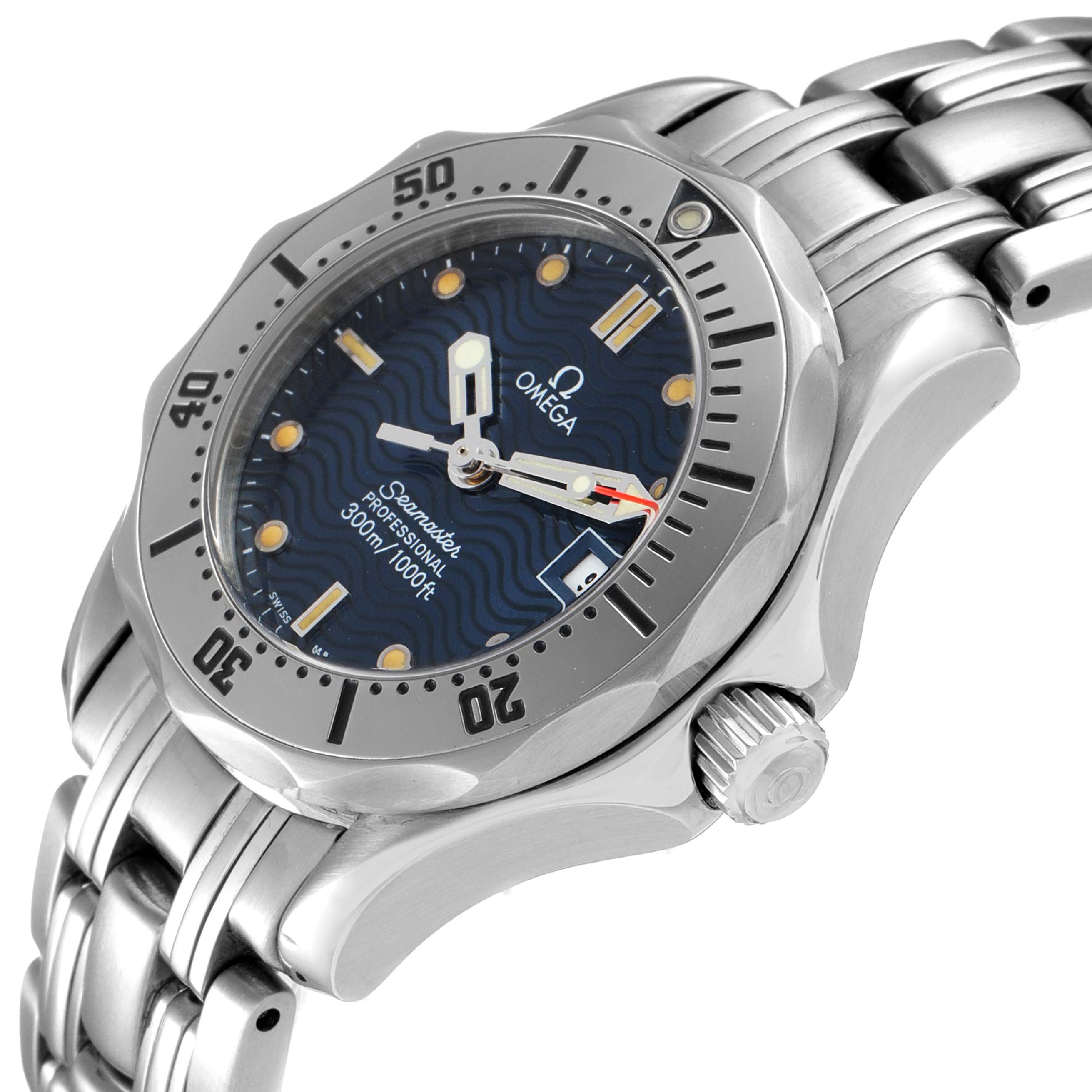 The image shows the Omega 2285.80.00 Women's Stainless Steel Blue Dial 2285.80.00 Women's Stainless Steel Blue Dial Seamaster Diver 300M Quartz 28mm Steel Ladies Watch 2285.80.00, focusing on the dial and bezel at an angle.