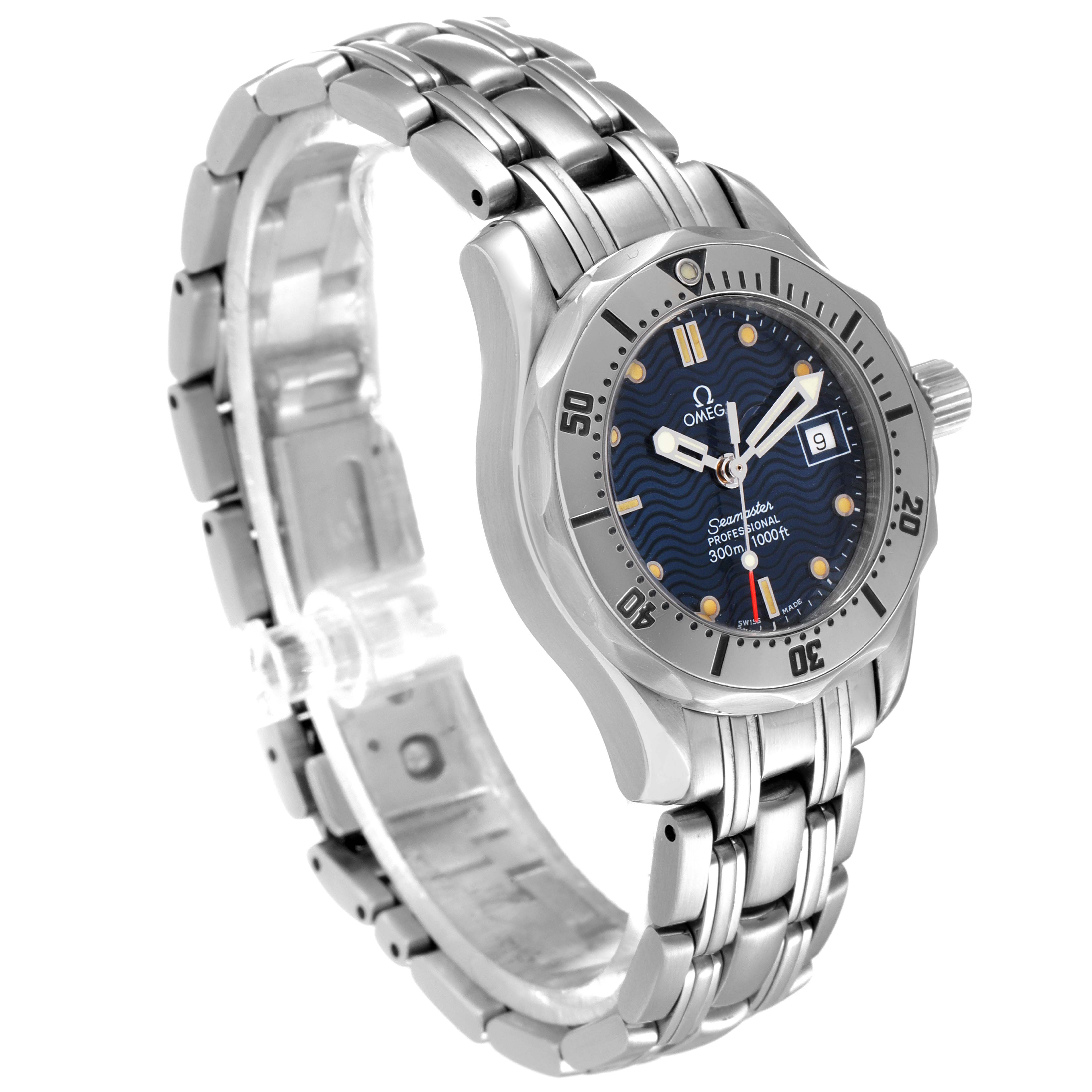 The Omega 2285.80.00 Women's Stainless Steel Blue Dial 2285.80.00 Women's Stainless Steel Blue Dial Seamaster Diver 300M Quartz 28mm Steel Ladies Watch model 2285.80.00 is shown at a slight angle displaying the face and part of the bracelet.