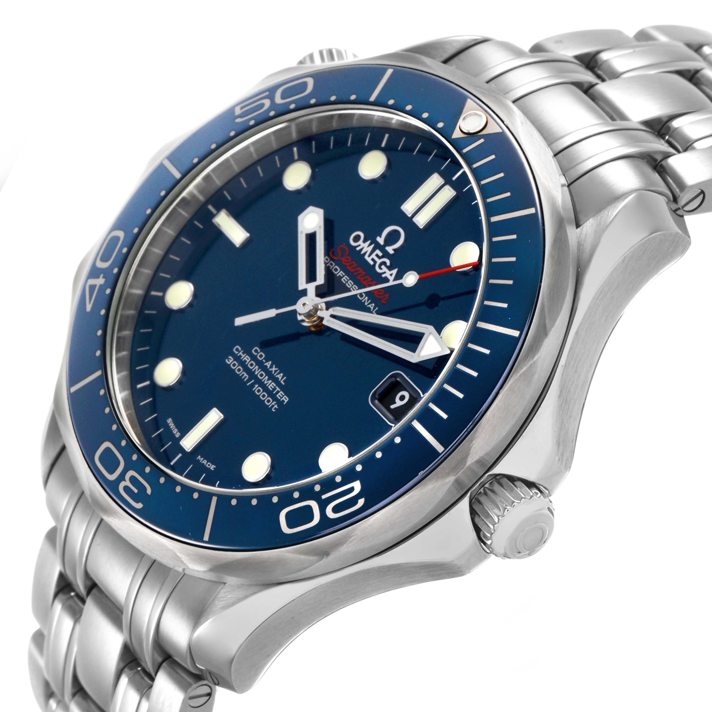 The Omega Seamaster 212.30.41.20.03.001 Men's Stainless Steel Blue Dial watch is shown at an angled side view, highlighting the dial, bezel, crown, and stainless steel bracelet.