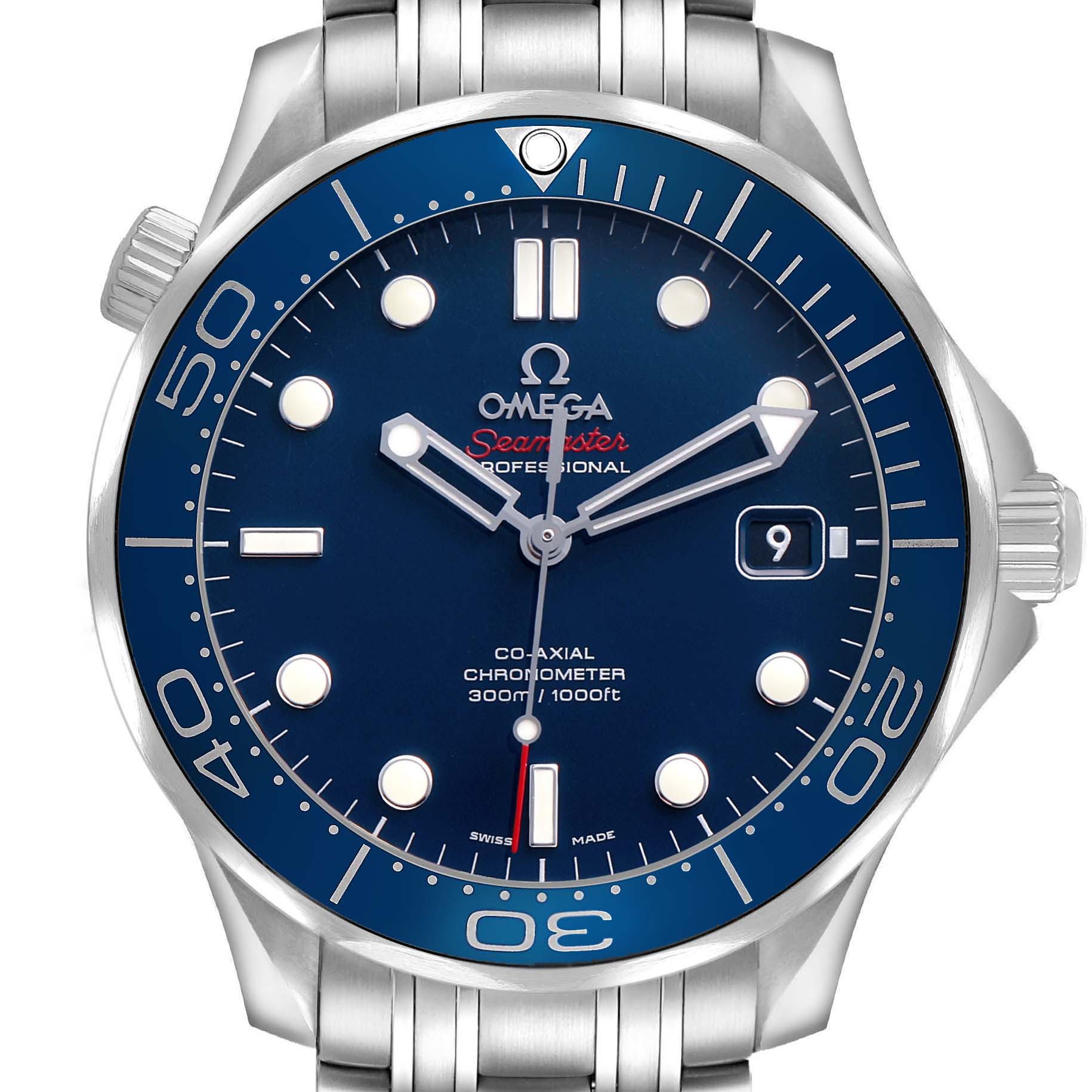 The Omega Seamaster 212.30.41.20.03.001 Men's Stainless Steel Blue Dial watch is shown from the front, highlighting its dial, bezel, bracelet, and crown.