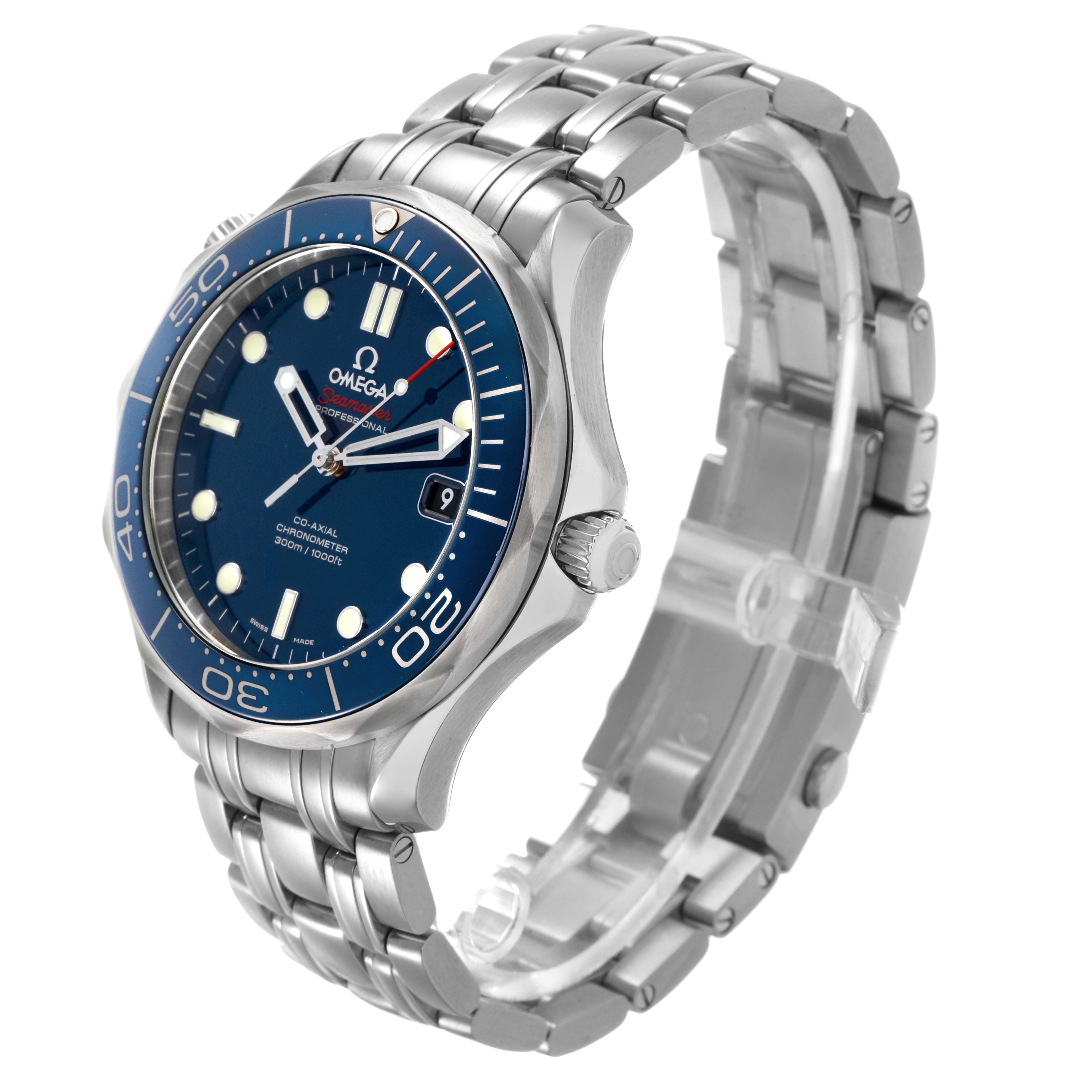 The Omega Seamaster 212.30.41.20.03.001 Men's Stainless Steel Blue Dial watch is shown at a three-quarter angle, highlighting the face, bezel, crown, and stainless steel bracelet.