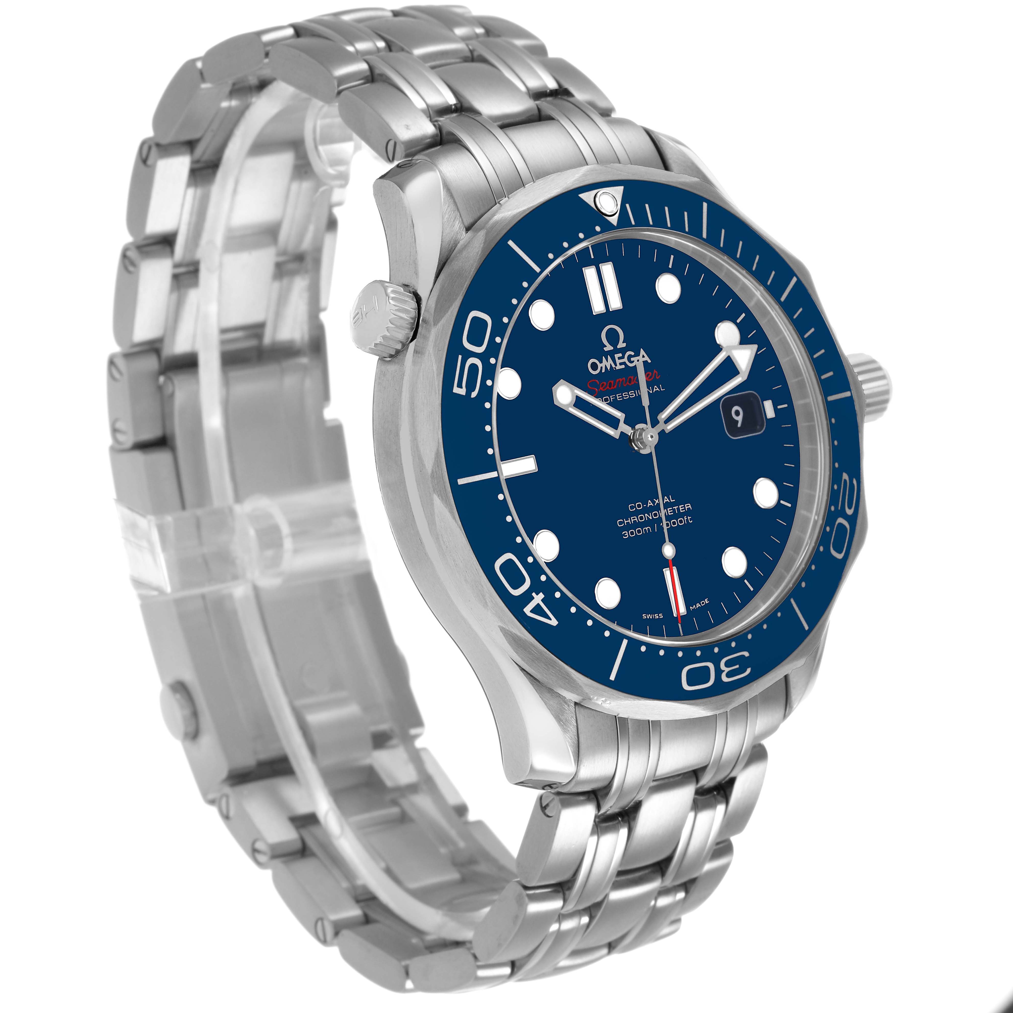 The Omega Seamaster 212.30.41.20.03.001 Men's Stainless Steel Blue Dial model is shown at a three-quarter angle highlighting the blue dial, bezel, and stainless steel bracelet.