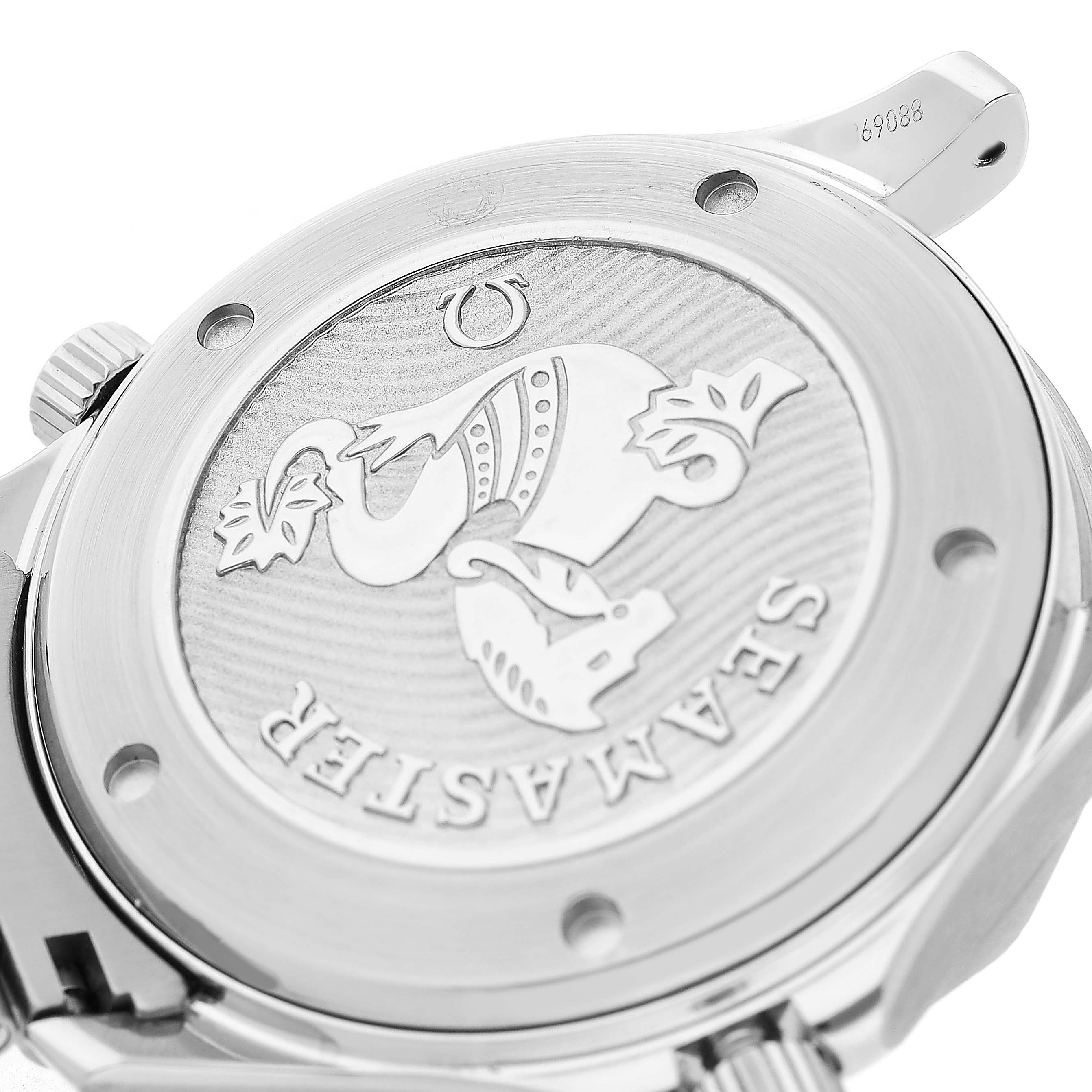 The Omega Seamaster 212.30.41.20.03.001 Men's Stainless Steel Blue Dial watch is shown from the back, highlighting the engraved case back design and lugs.