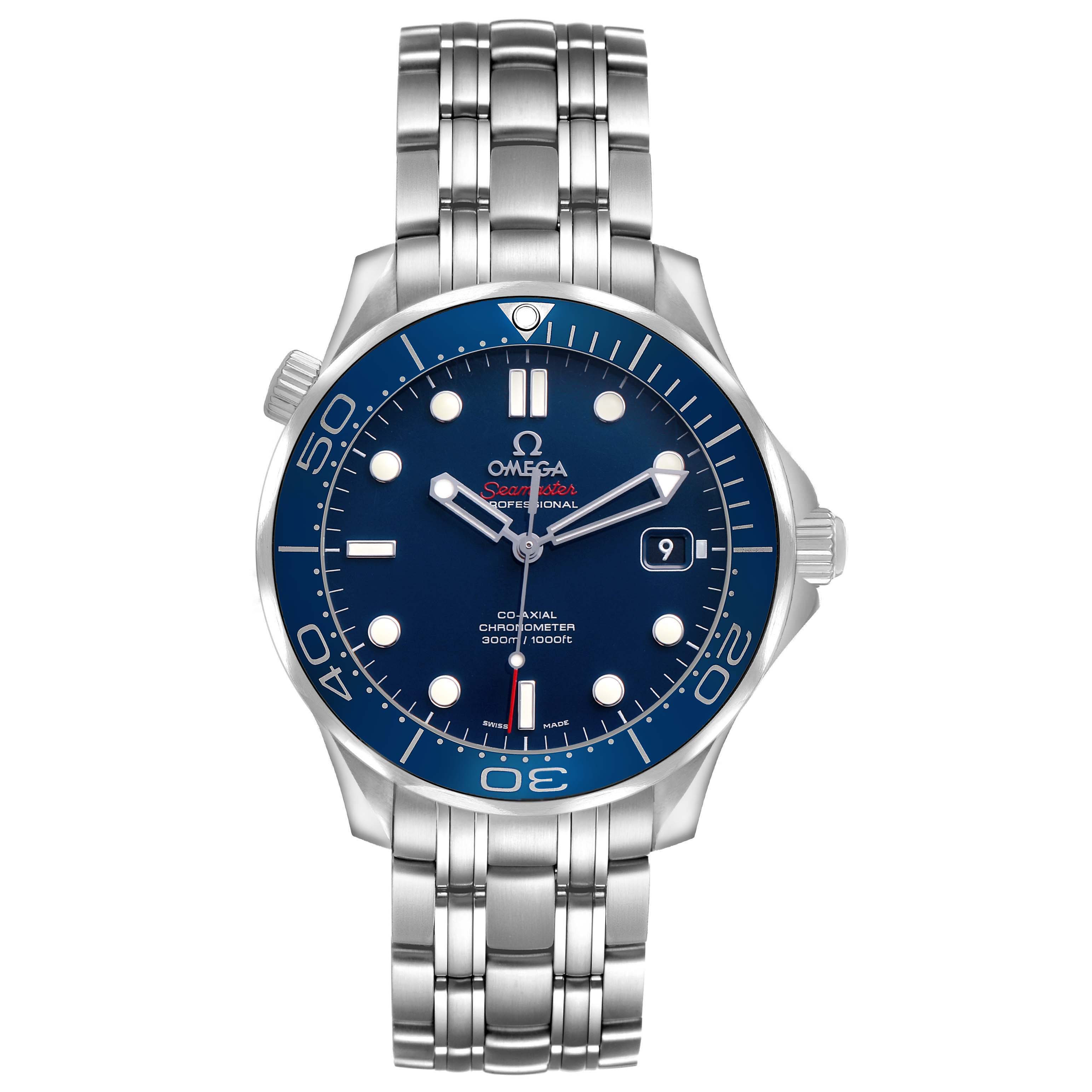 The Omega Seamaster 212.30.41.20.03.001 Men's Stainless Steel Blue Dial watch is shown from a front angle, displaying the face, bezel, crown, and bracelet.