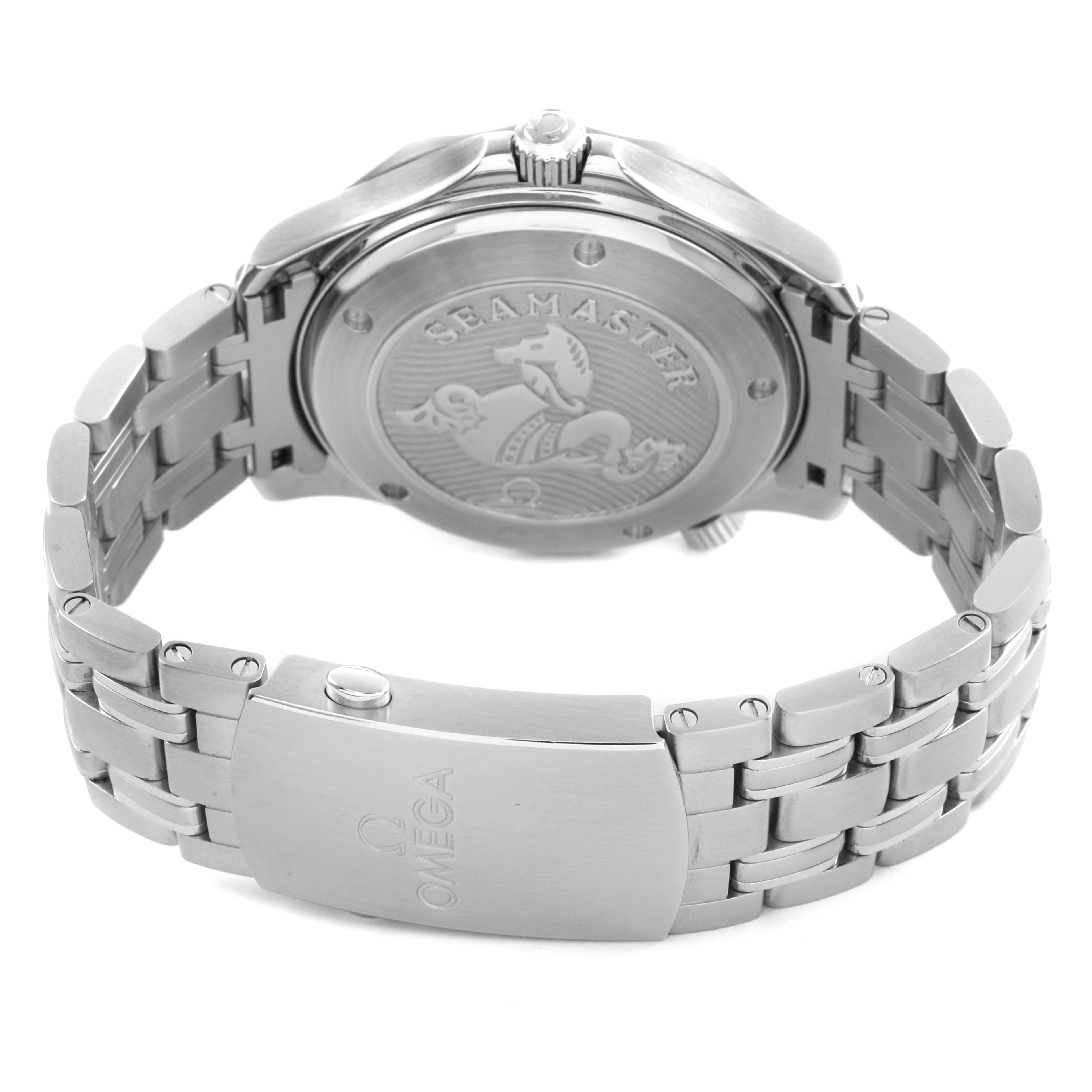 The Omega Seamaster 212.30.41.20.03.001 Men's Stainless Steel Blue Dial watch is shown from the back, highlighting the case back, crown, and metal bracelet.