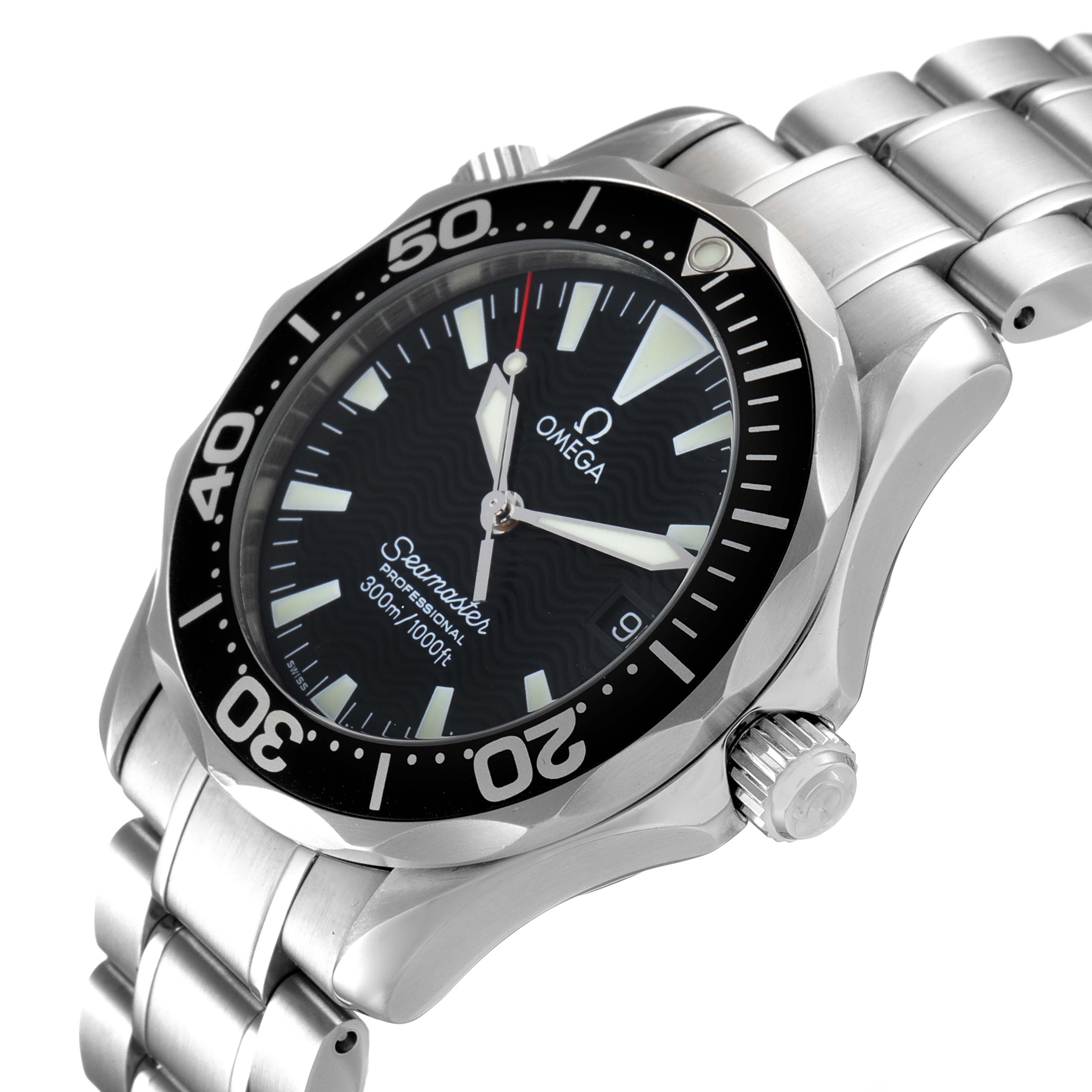 This Omega Seamaster 2262.50.00 Men
s Stainless Steel Black Dial 2262.50.00 Men
s Stainless Steel Black Dial watch is shown at an angle highlighting its face, bezel, crown, and stainless steel bracelet.