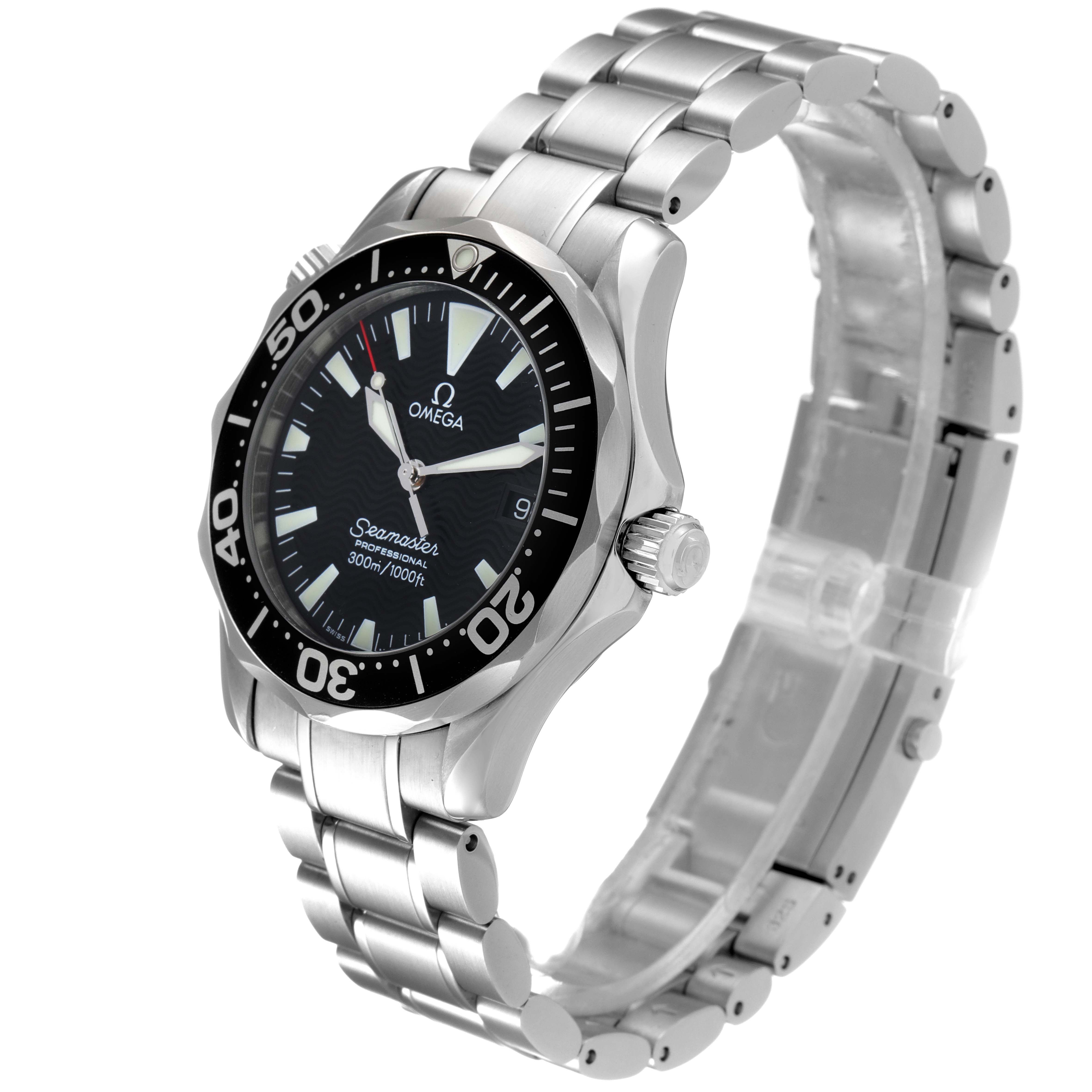 The image shows an Omega Seamaster 2262.50.00 Men
s Stainless Steel Black Dial 2262.50.00 Men
s Stainless Steel Black Dial watch at a three-quarter angle, highlighting the face, bezel, and bracelet.