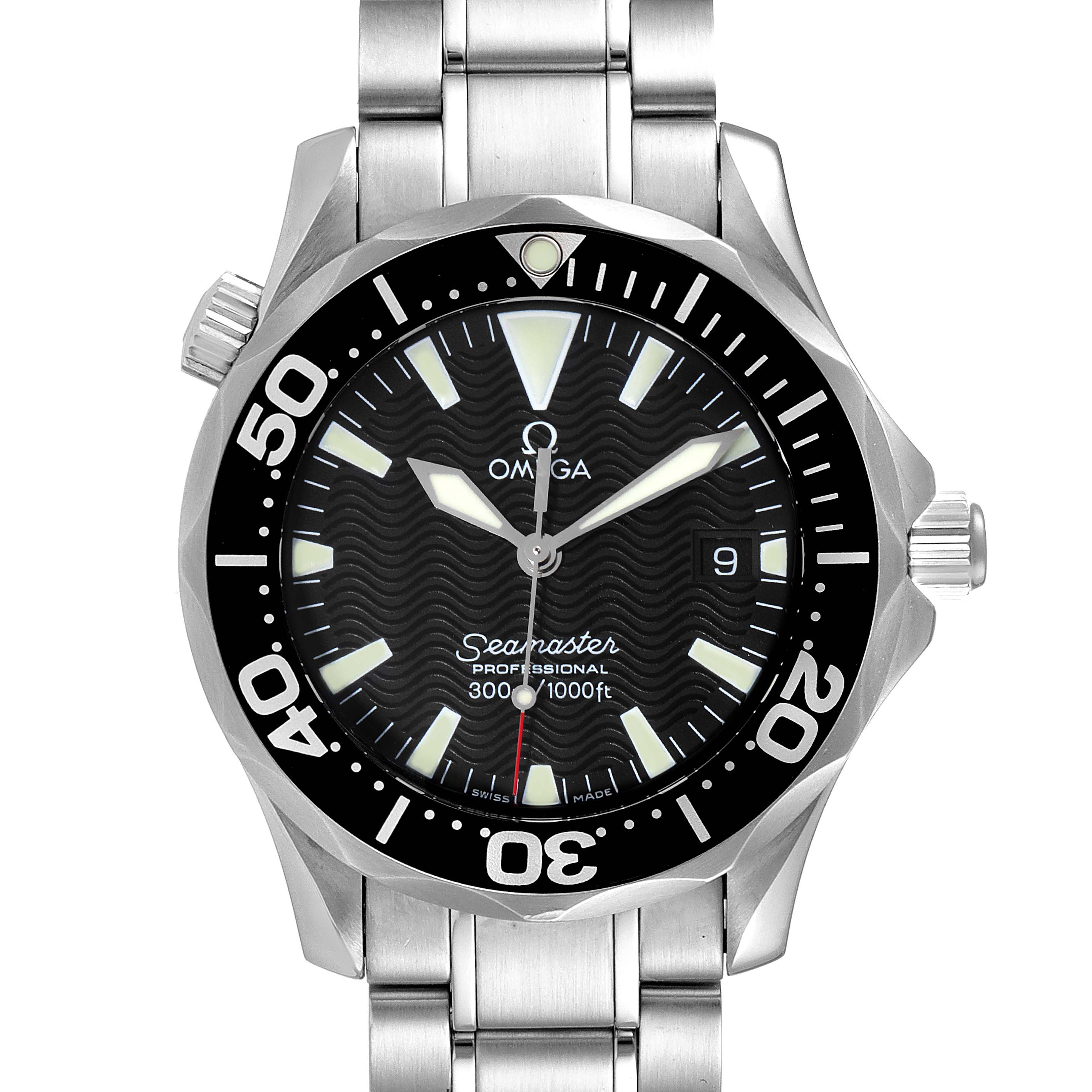 The Omega Seamaster 2262.50.00 Men
s Stainless Steel Black Dial 2262.50.00 Men
s Stainless Steel Black Dial watch is shown from a front angle, highlighting the face, bezel, and stainless steel bracelet.