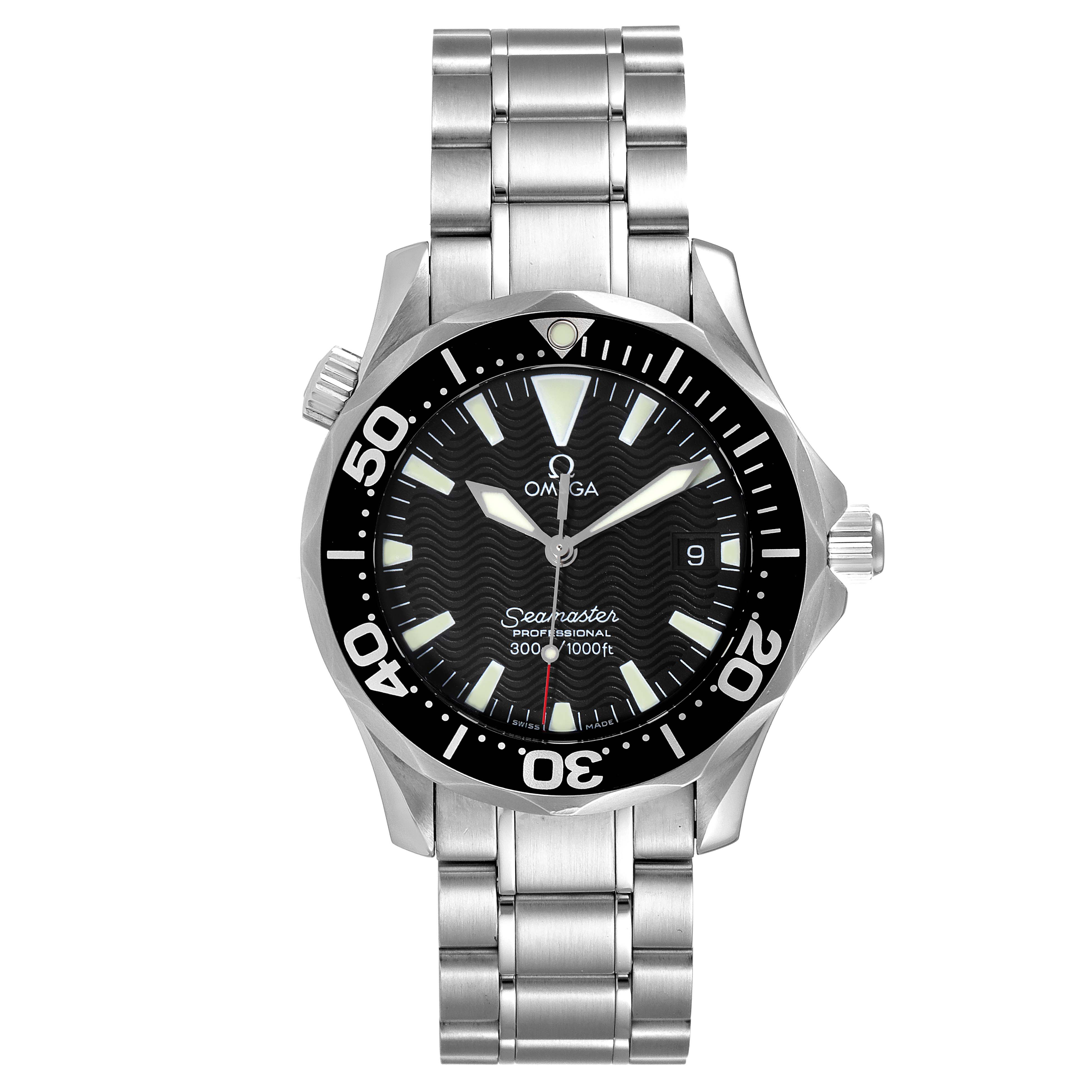 The image shows a front view of the Omega Seamaster 2262.50.00 Men
s Stainless Steel Black Dial 2262.50.00 Men
s Stainless Steel Black Dial watch, displaying the dial, bezel, and stainless steel bracelet.