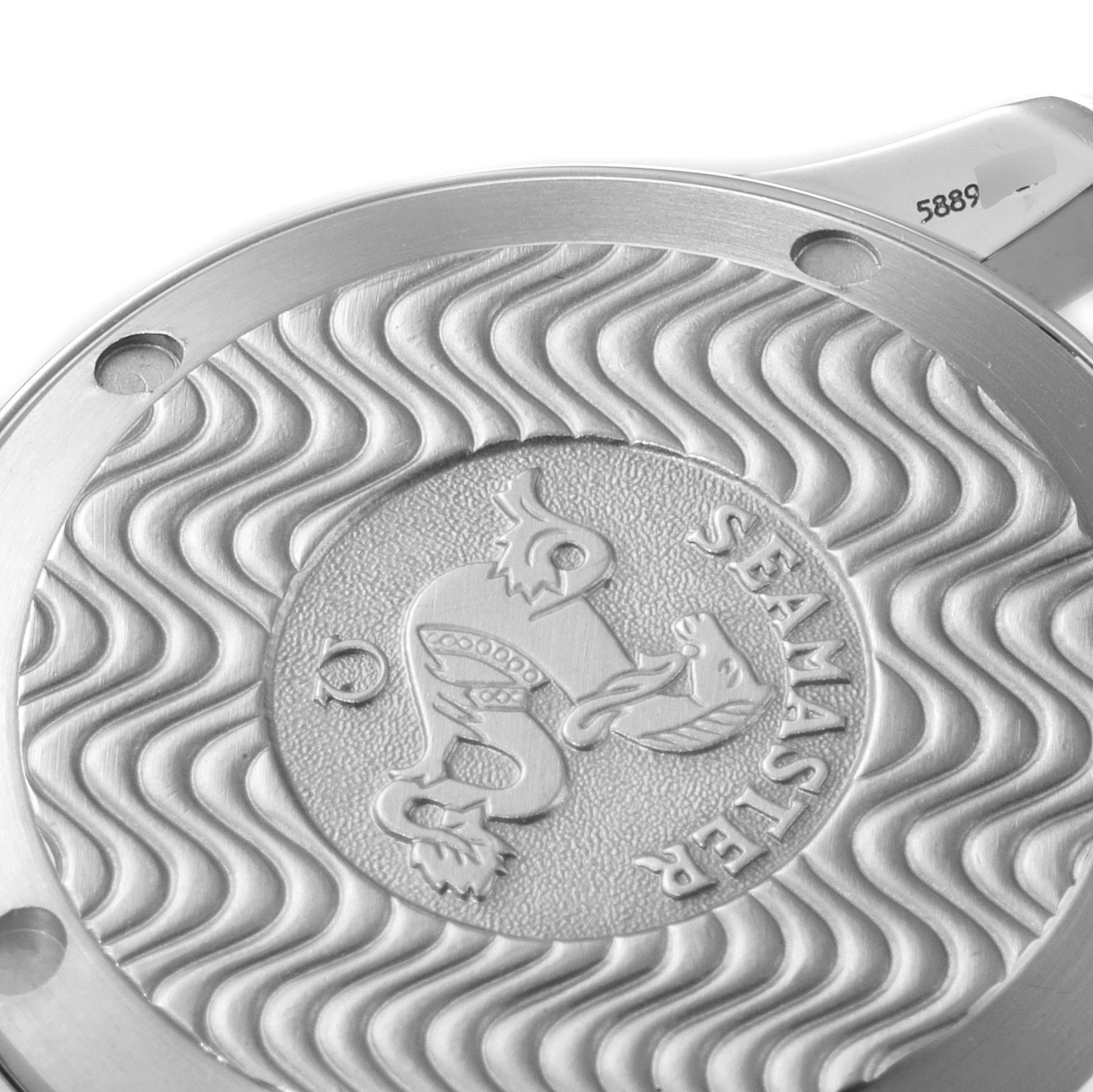 This image shows a close-up of the case back of the Omega Seamaster 2262.50.00 Men
s Stainless Steel Black Dial 2262.50.00 Men
s Stainless Steel Black Dial watch, featuring the engraved logo and wave pattern.