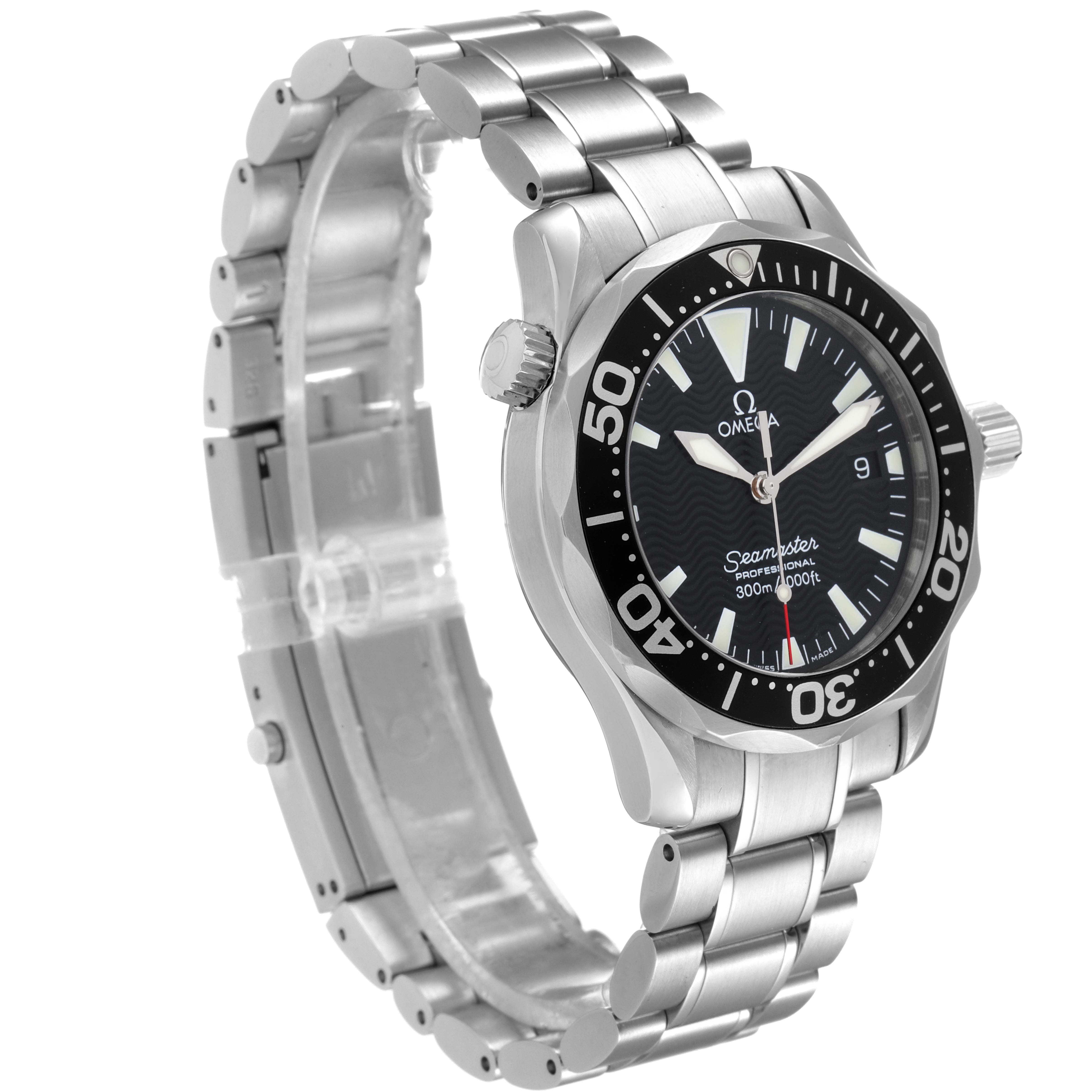 The image shows an Omega Seamaster 2262.50.00 Men
s Stainless Steel Black Dial 2262.50.00 Men
s Stainless Steel Black Dial watch at a three-quarter angle, displaying its face, bezel, and stainless steel bracelet.