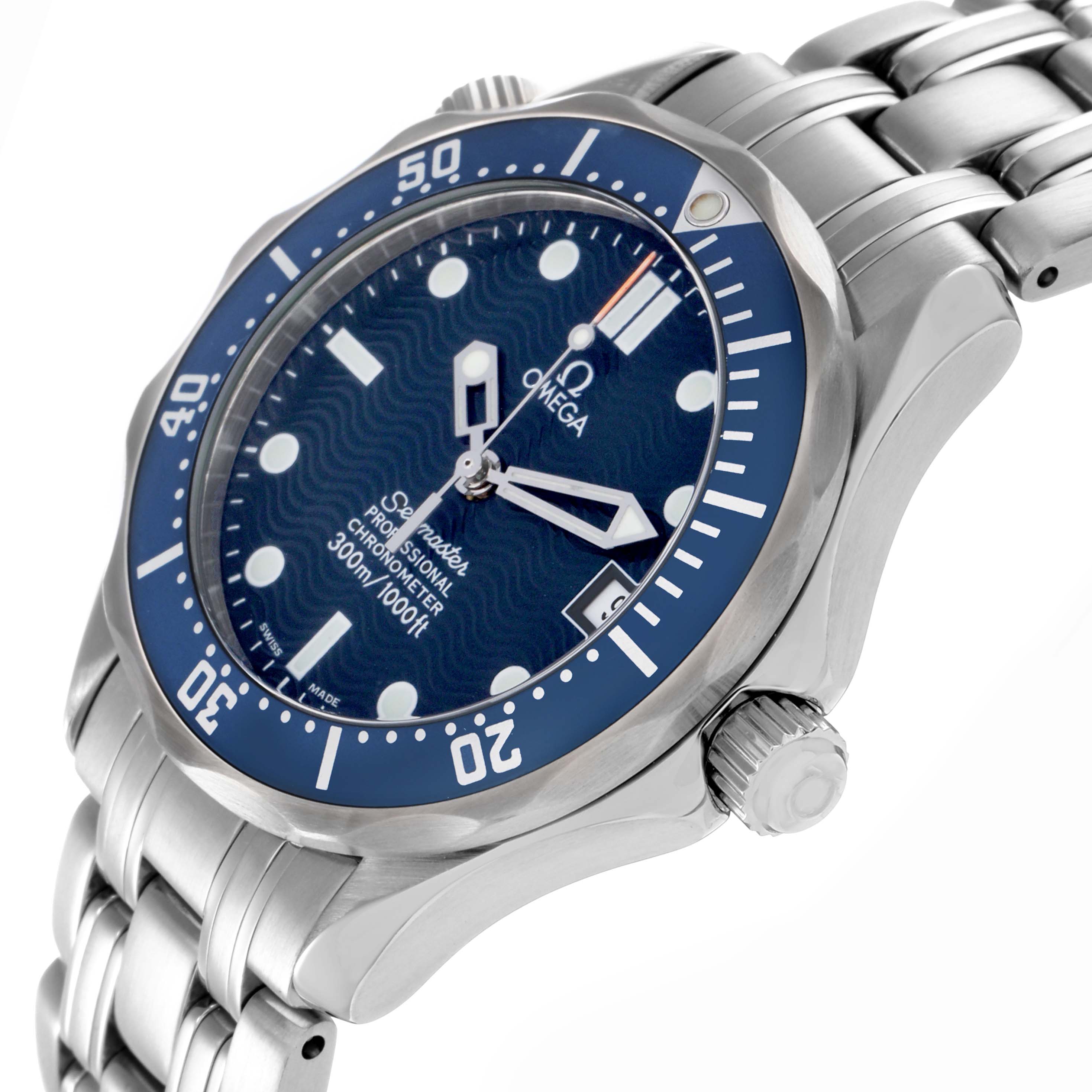 The Omega Seamaster 2551.80.00 Men
s Stainless Steel Blue Dial 2551.80.00 Men
s Stainless Steel Blue Dial watch is shown from an angled side view, displaying the face, bezel, crown, and stainless steel bracelet.