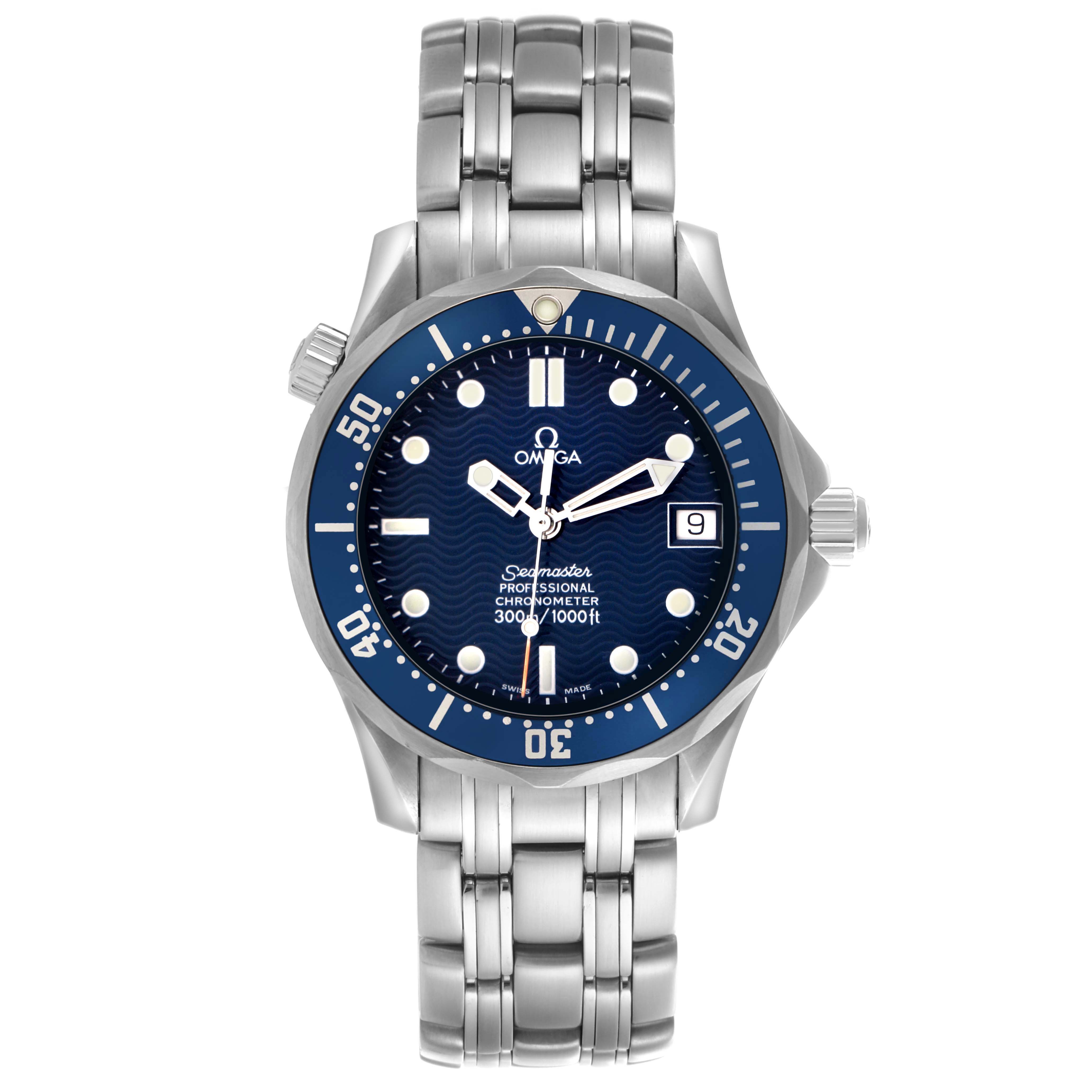 The Omega Seamaster 2551.80.00 Men
s Stainless Steel Blue Dial 2551.80.00 Men
s Stainless Steel Blue Dial watch is shown from the front, displaying the face, bezel, dial, hands, bracelet, and crown.