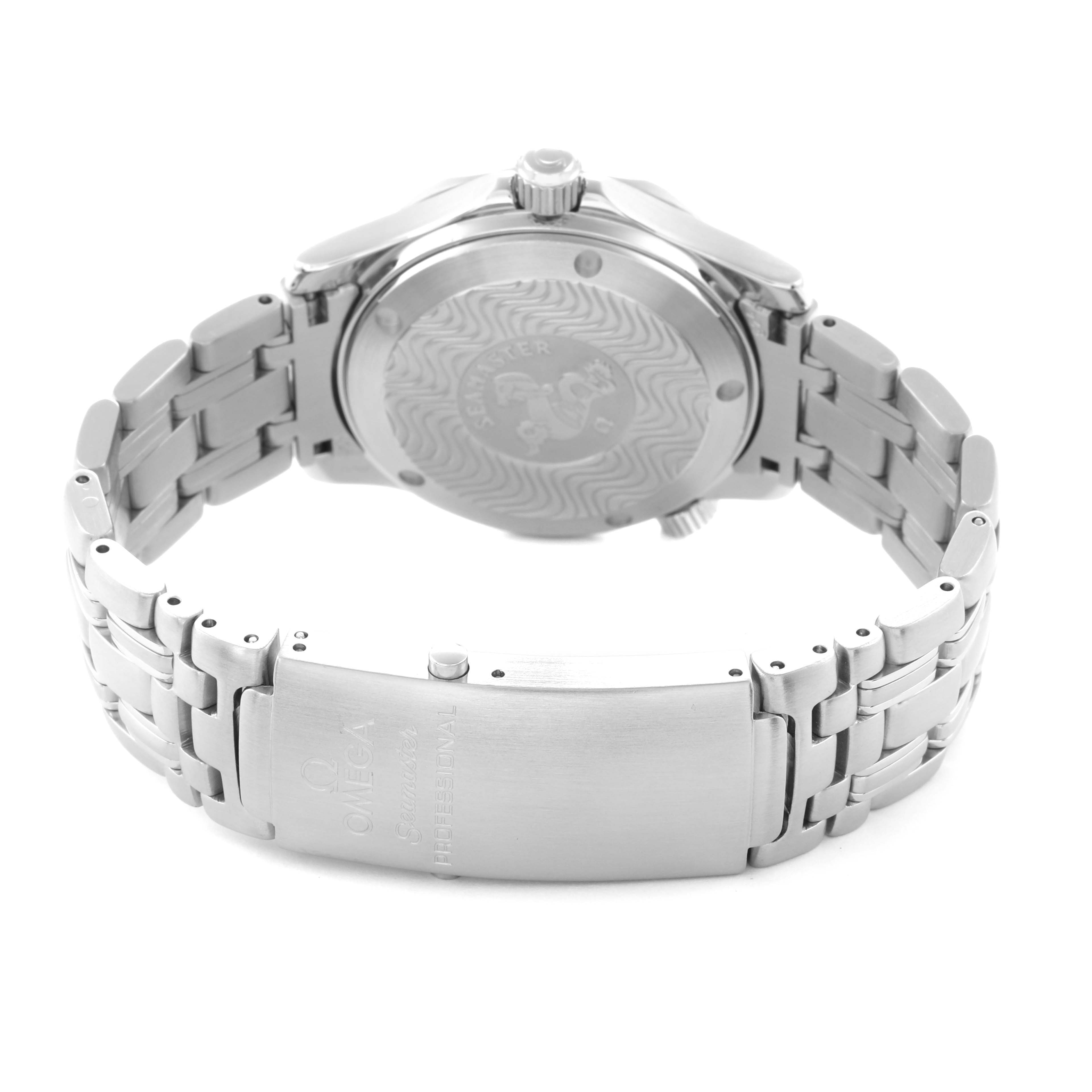 The image shows the back of the Omega Seamaster 2551.80.00 Men
s Stainless Steel Blue Dial 2551.80.00 Men
s Stainless Steel Blue Dial, highlighting its bracelet, clasp, and embossed case back.