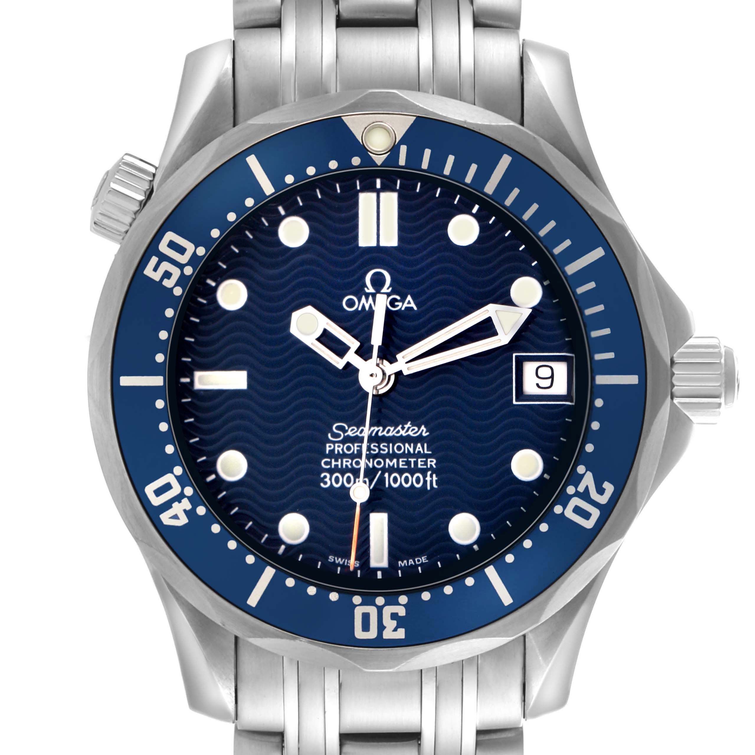 The Omega Seamaster 2551.80.00 Men
s Stainless Steel Blue Dial 2551.80.00 Men
s Stainless Steel Blue Dial watch is shown from the front, highlighting the dial, bezel, hands, and bracelet.