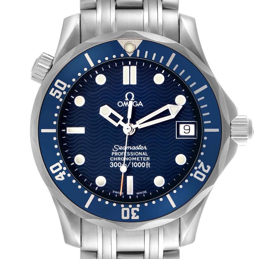 The Omega Seamaster watch is shown from the front, highlighting the dial, bezel, hands, and bracelet.