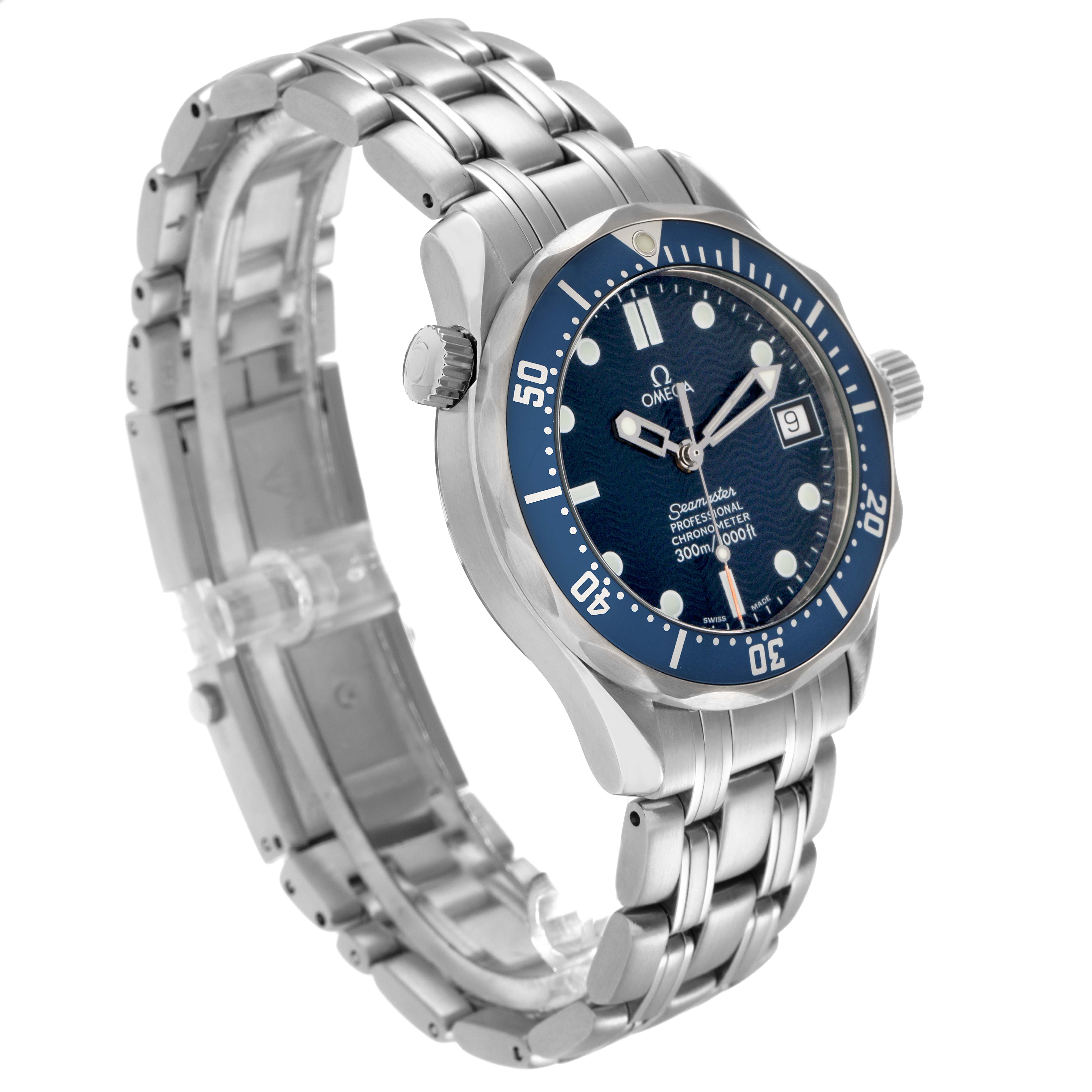 The Omega Seamaster 2551.80.00 Men
s Stainless Steel Blue Dial 2551.80.00 Men
s Stainless Steel Blue Dial watch is shown at a three-quarter angle, highlighting its blue dial, bezel, and metal bracelet.