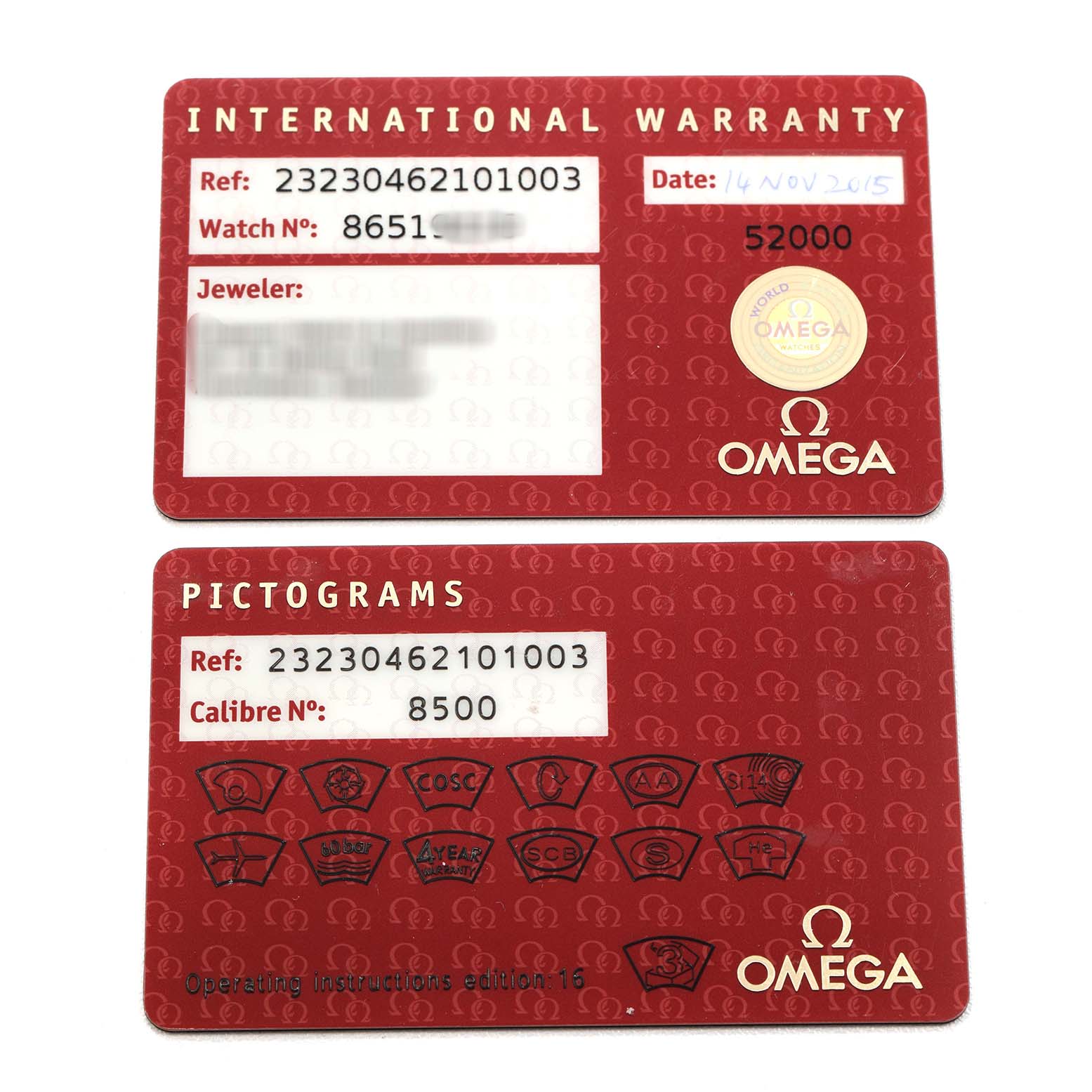 The image shows the International Warranty and Pictograms cards for the Omega Planet Ocean 232.30.46.21.01.003 Men's Stainless Steel Black Dial watch model.