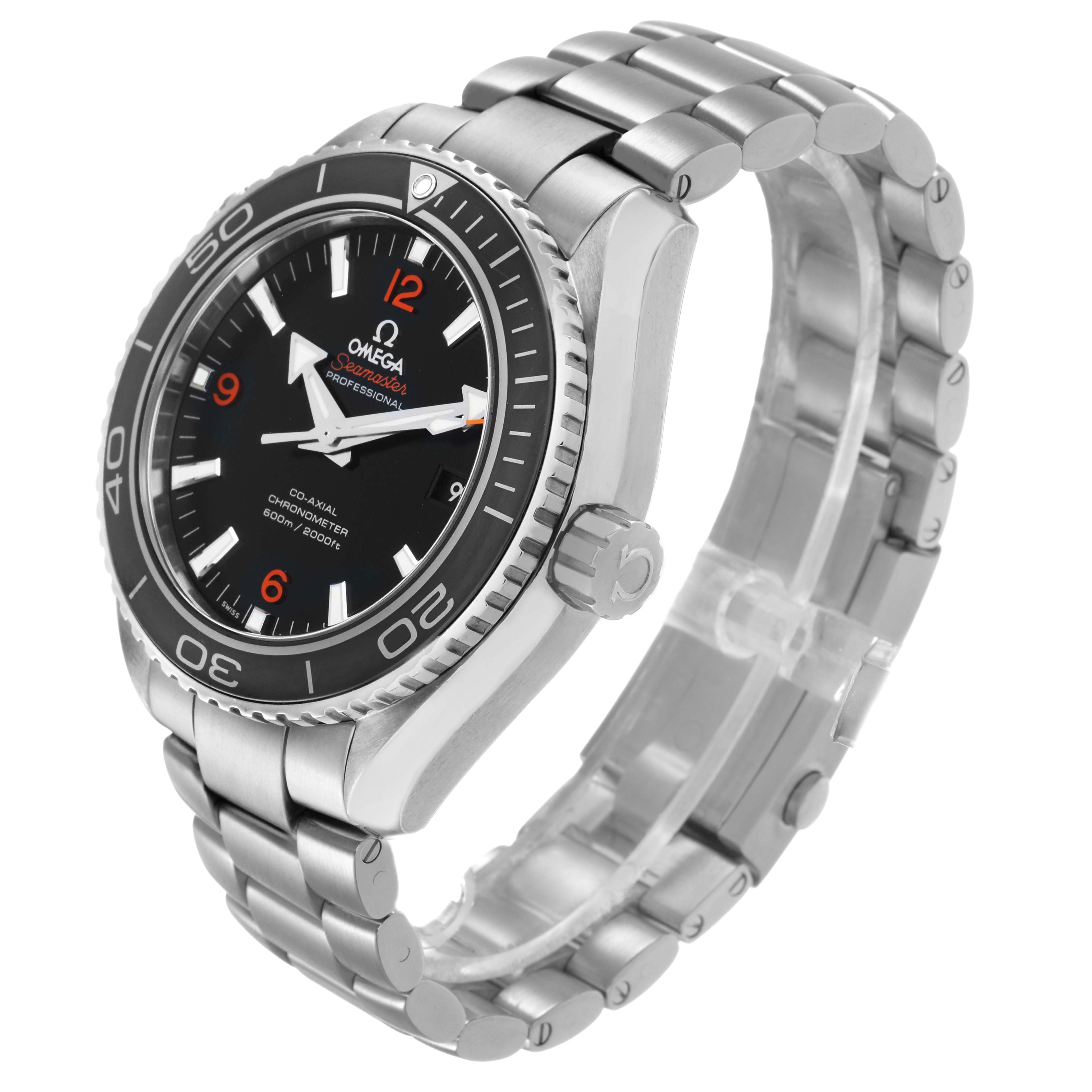The Omega Planet Ocean 232.30.46.21.01.003 Men's Stainless Steel Black Dial watch is shown at a three-quarter angle, highlighting its bezel, bracelet, and crown.