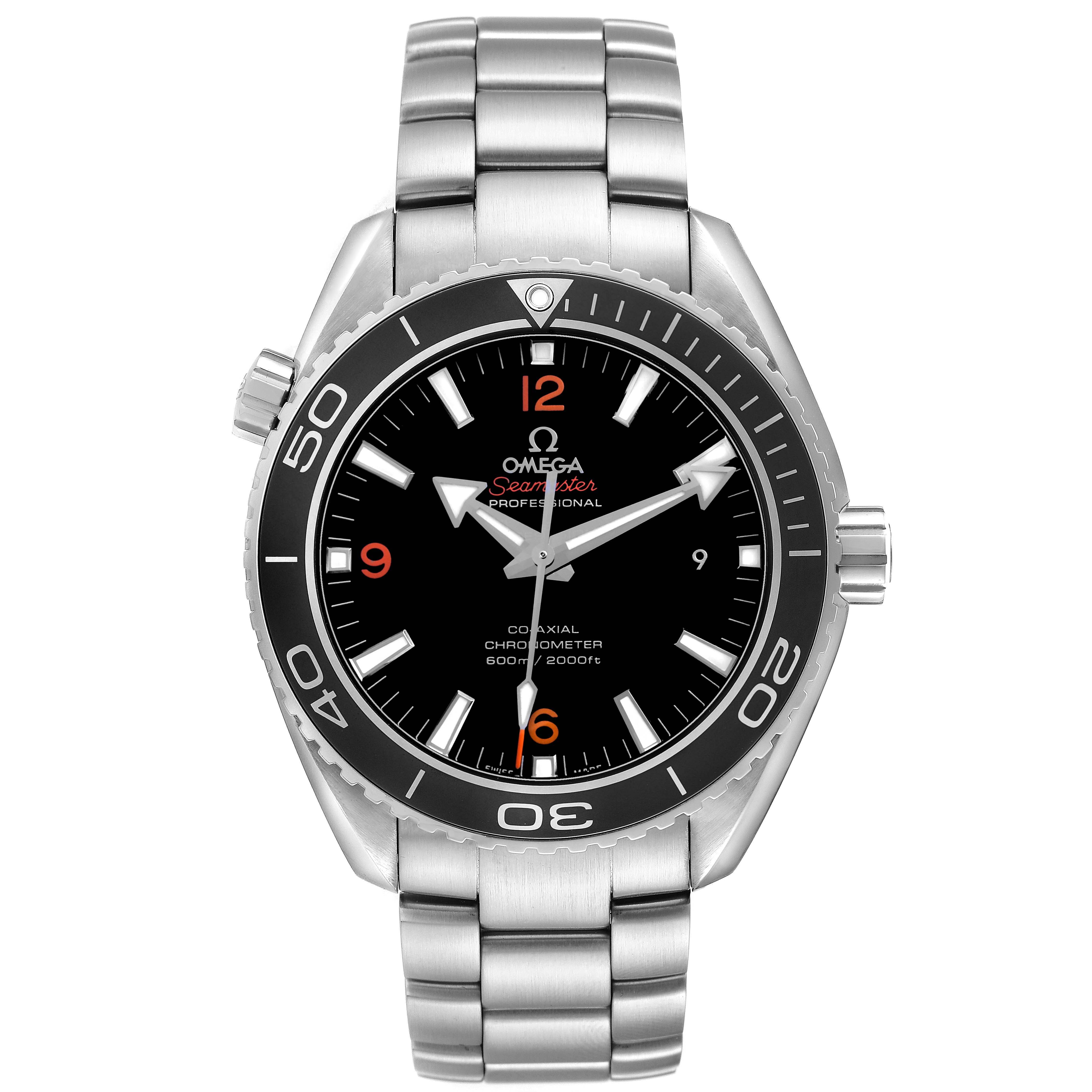 The Omega Planet Ocean 232.30.46.21.01.003 Men's Stainless Steel Black Dial watch is shown from the front, highlighting the dial, bezel, case, and bracelet.