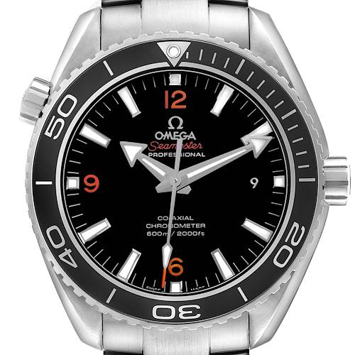 The image shows a front view of the Omega Planet Ocean 232.30.46.21.01.003 Men's Stainless Steel Black Dial watch, highlighting the bezel, crown, and the black dial with markers.