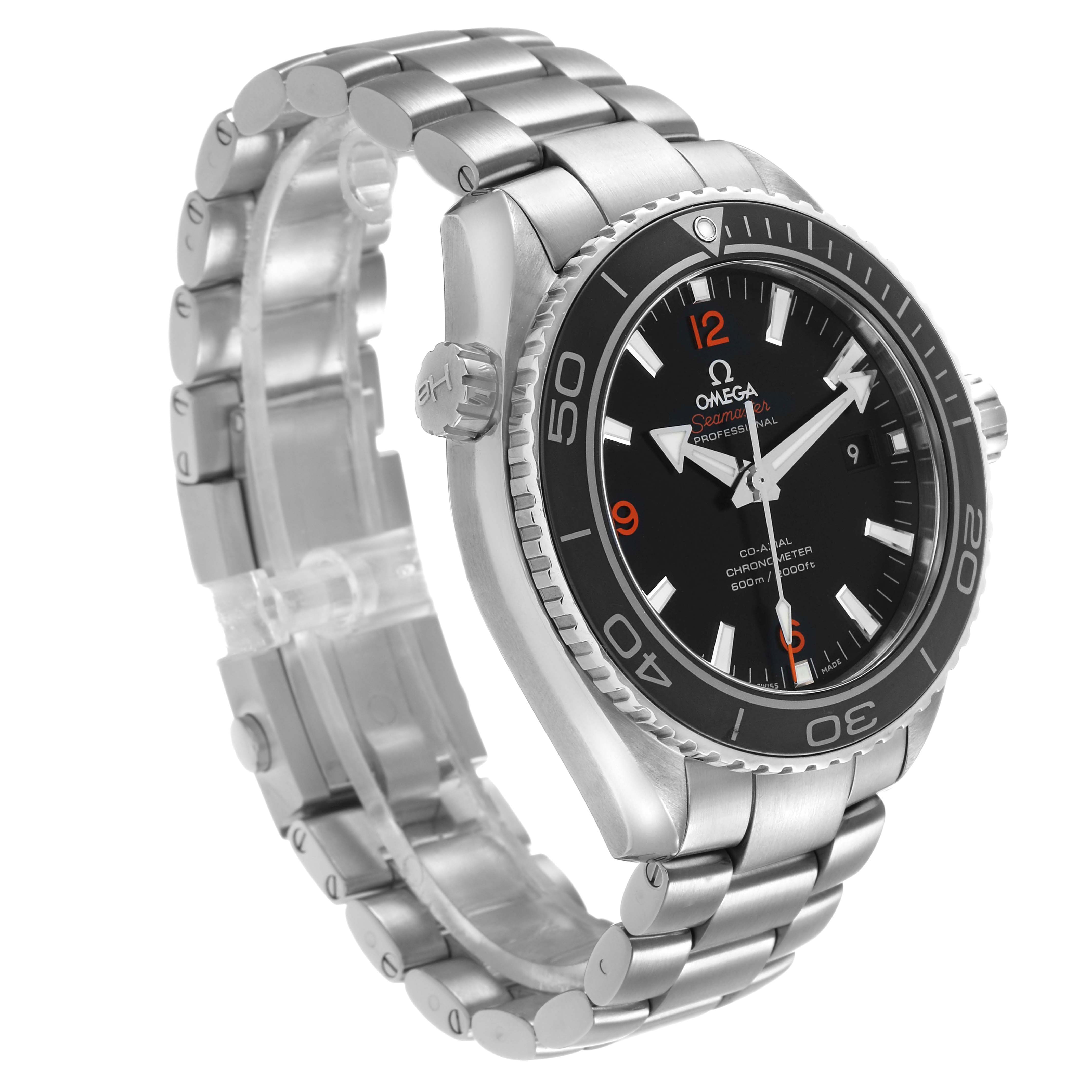 The Omega Planet Ocean 232.30.46.21.01.003 Men's Stainless Steel Black Dial watch is shown at a three-quarter angle, displaying the face, bezel, crown, and bracelet.