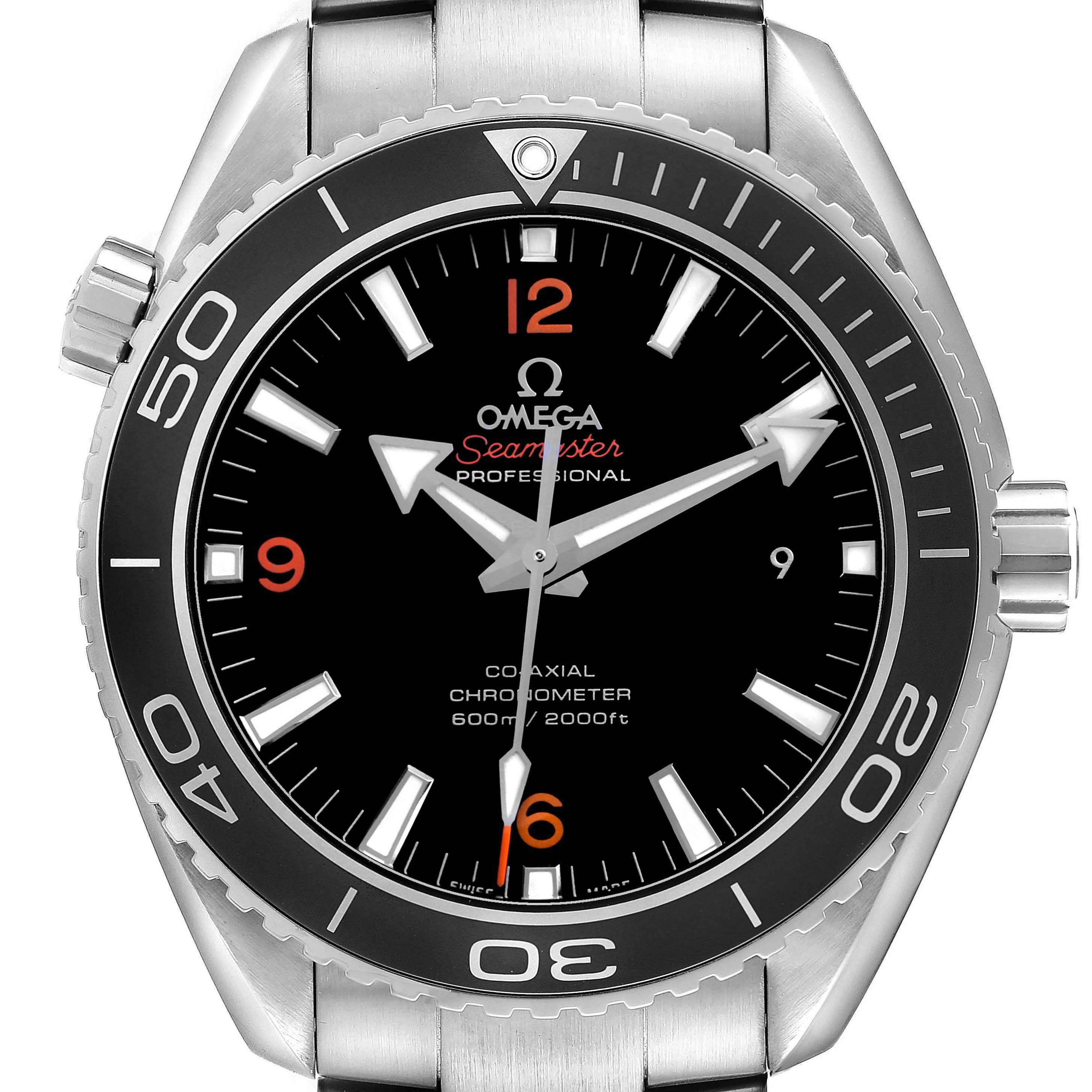 The image shows a front view of the Omega Seamaster Planet Ocean's face, bezel, and crown.
