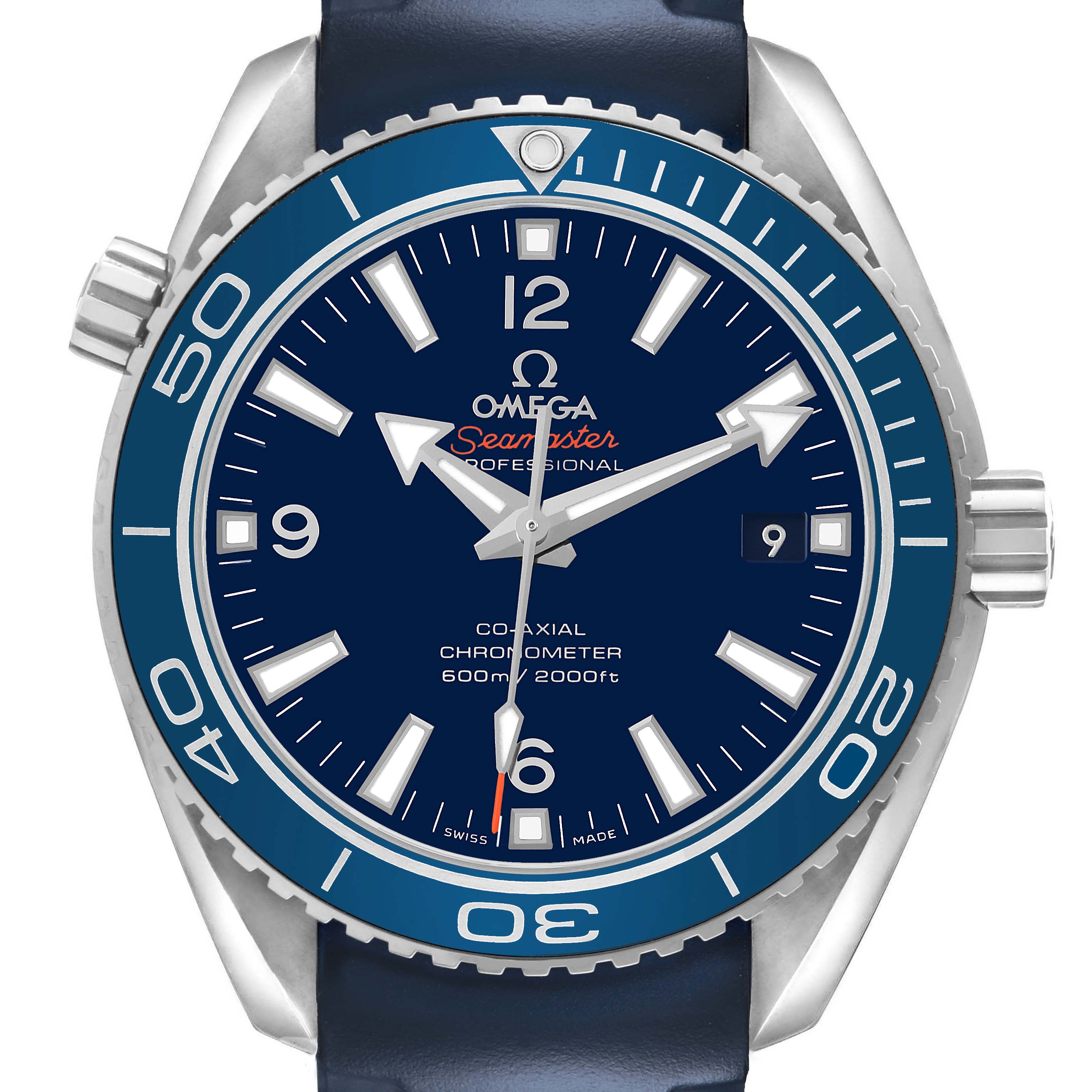 The Omega Seamaster Planet Ocean watch is shown from a front-facing angle, highlighting the dial, bezel, and lugs.