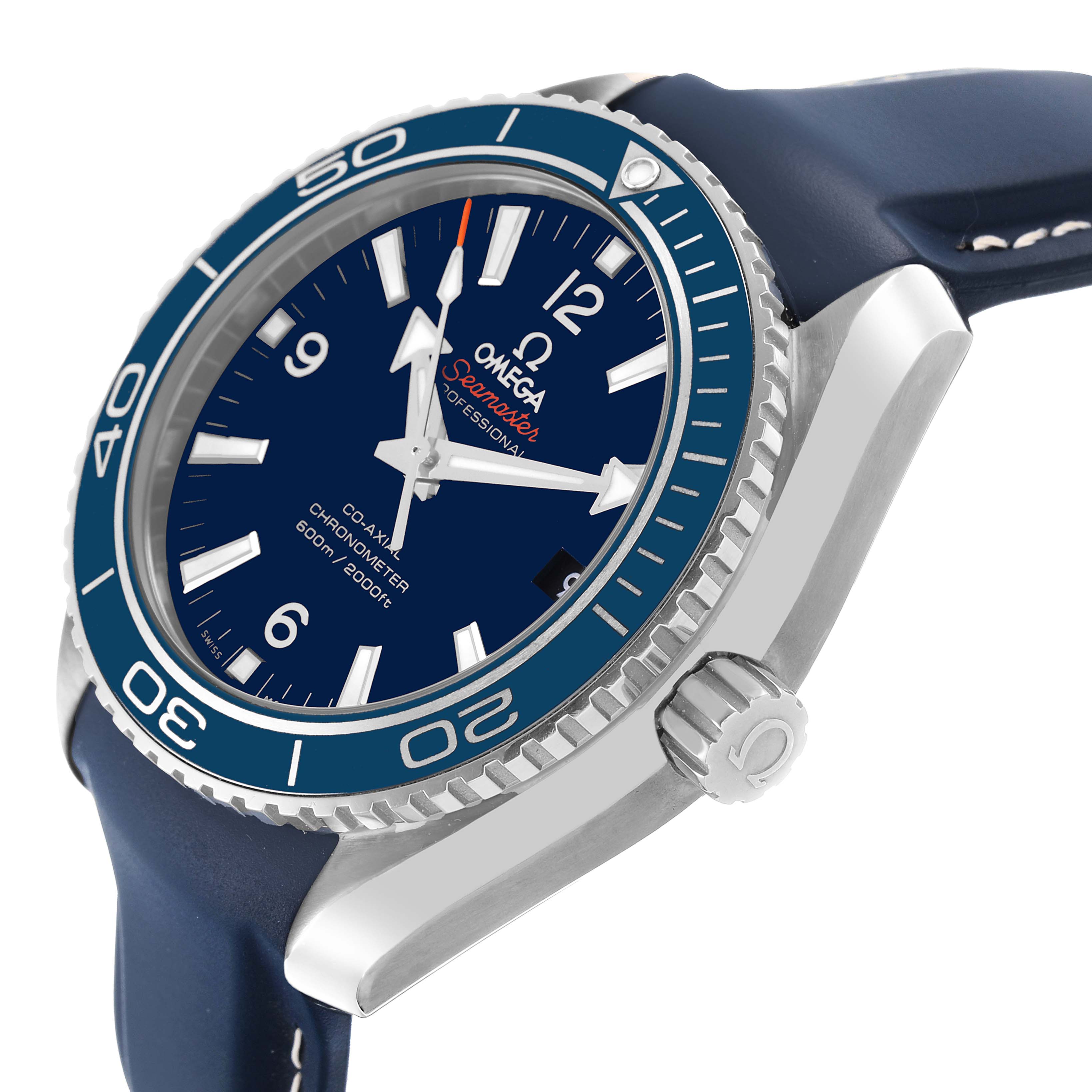 The Omega Planet Ocean 232.92.42.21.03.001 Men's Titanium Blue Dial watch is shown at a slight side angle, highlighting the face, bezel, and crown with a blue strap.