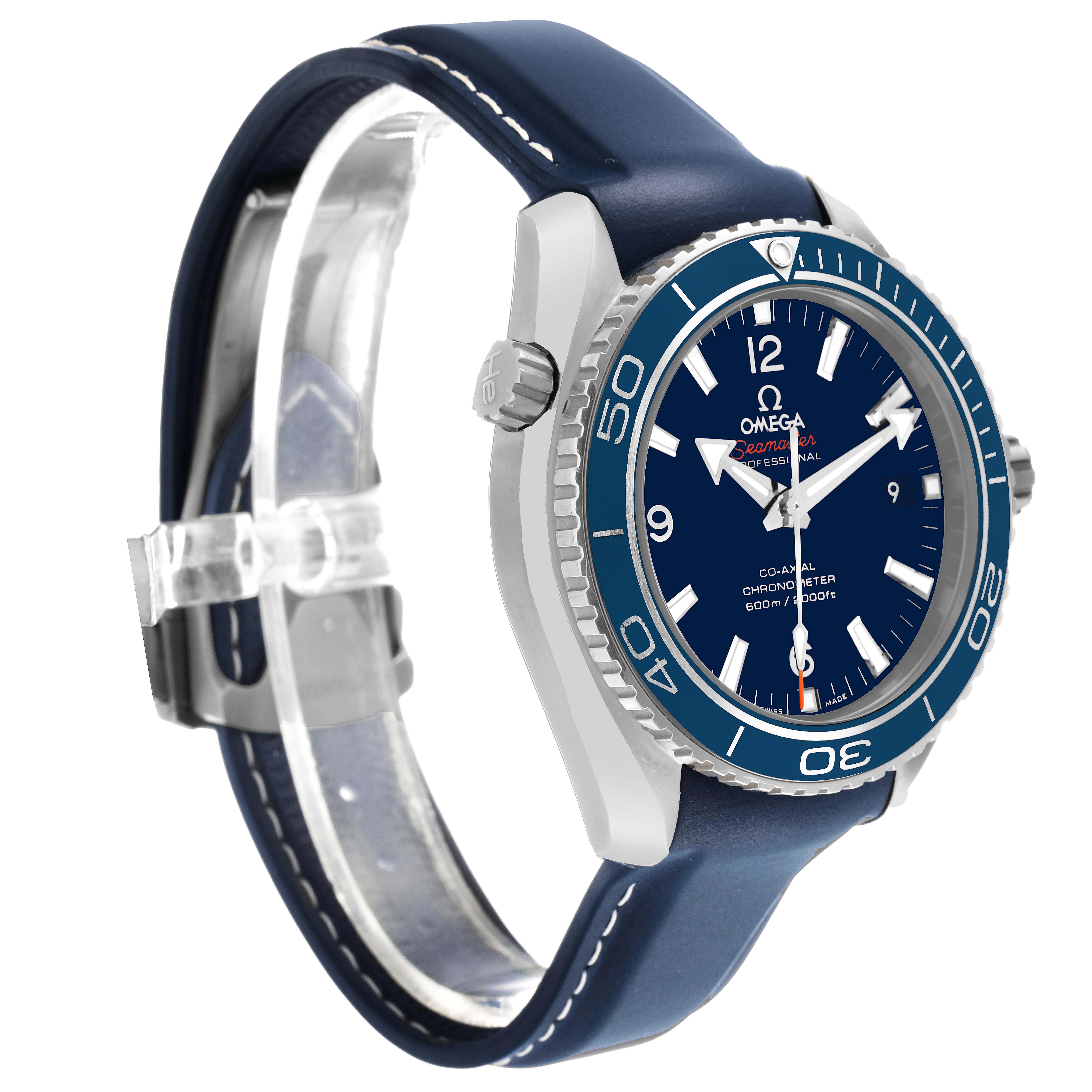 The Omega Planet Ocean 232.92.42.21.03.001 Men's Titanium Blue Dial watch is shown at an angle highlighting the face, bezel, crown, and blue strap.