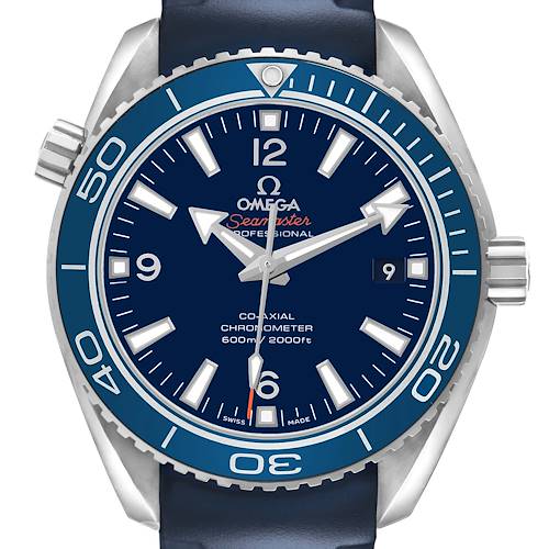 The Omega Planet Ocean 232.92.42.21.03.001 Men's Titanium Blue Dial watch is shown from a front view, displaying the dial, bezel, and part of the strap.