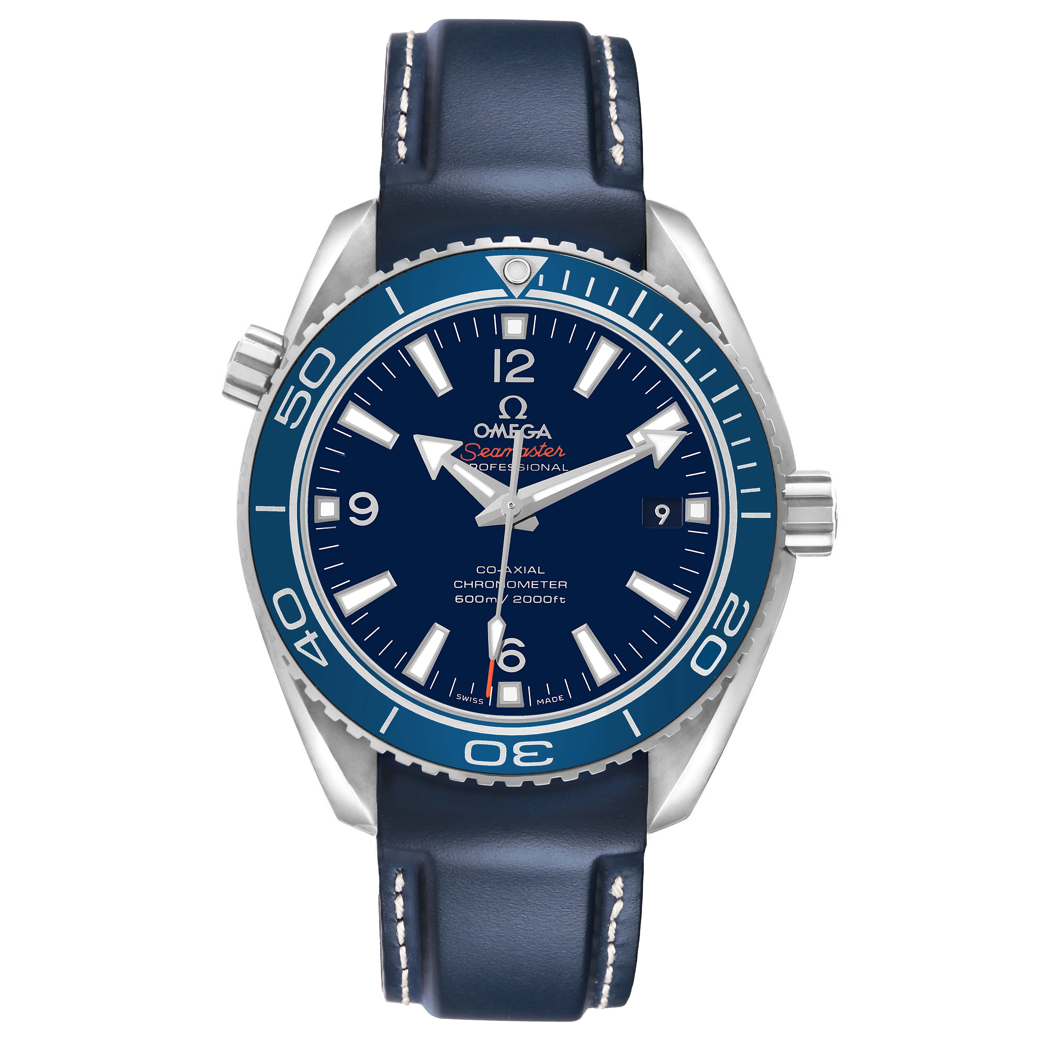 The Omega Planet Ocean 232.92.42.21.03.001 Men's Titanium Blue Dial watch is shown from the front, highlighting the dial, bezel, and strap.