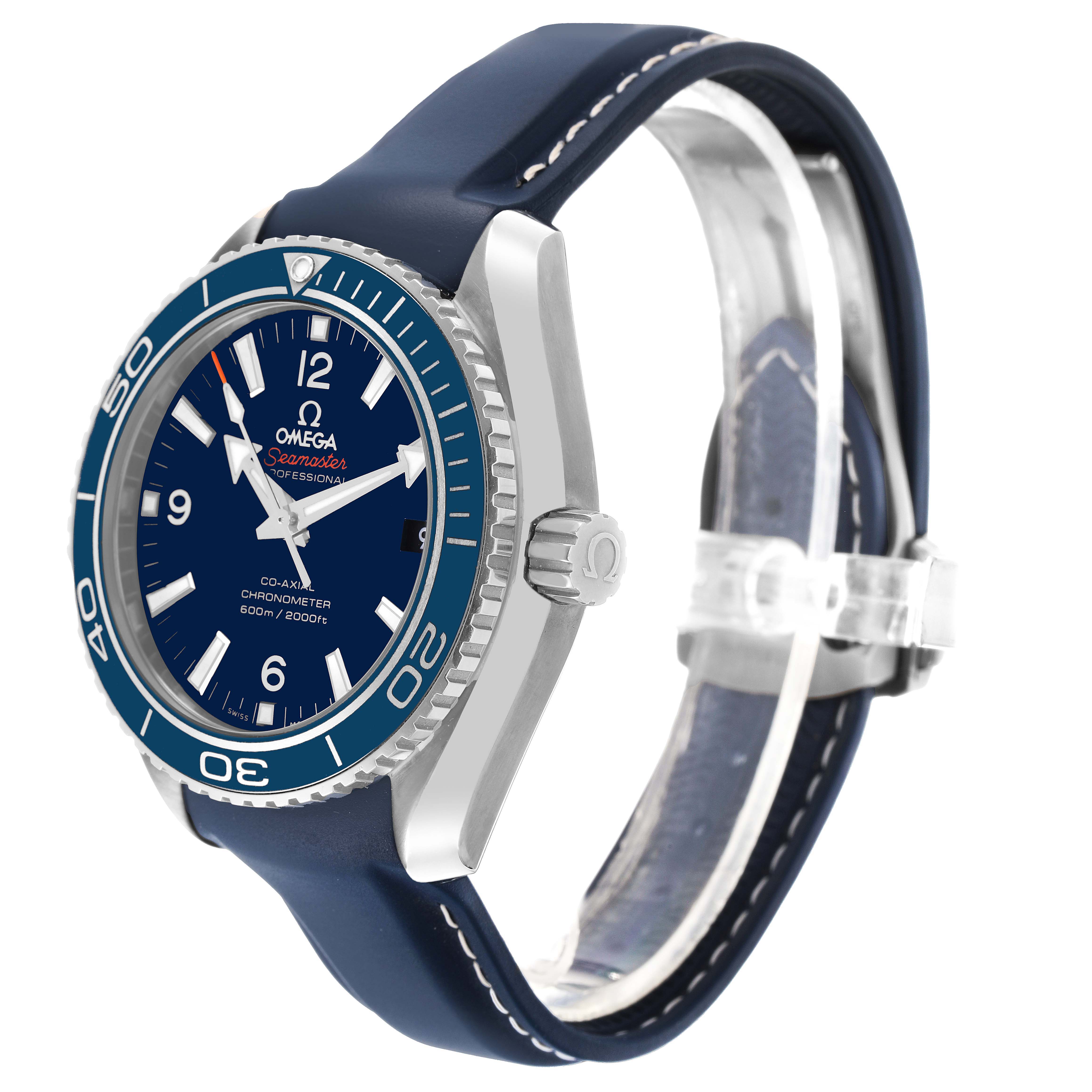 The Omega Planet Ocean 232.92.42.21.03.001 Men's Titanium Blue Dial watch is shown from a front-side angle, highlighting the dial, bezel, case, and strap.