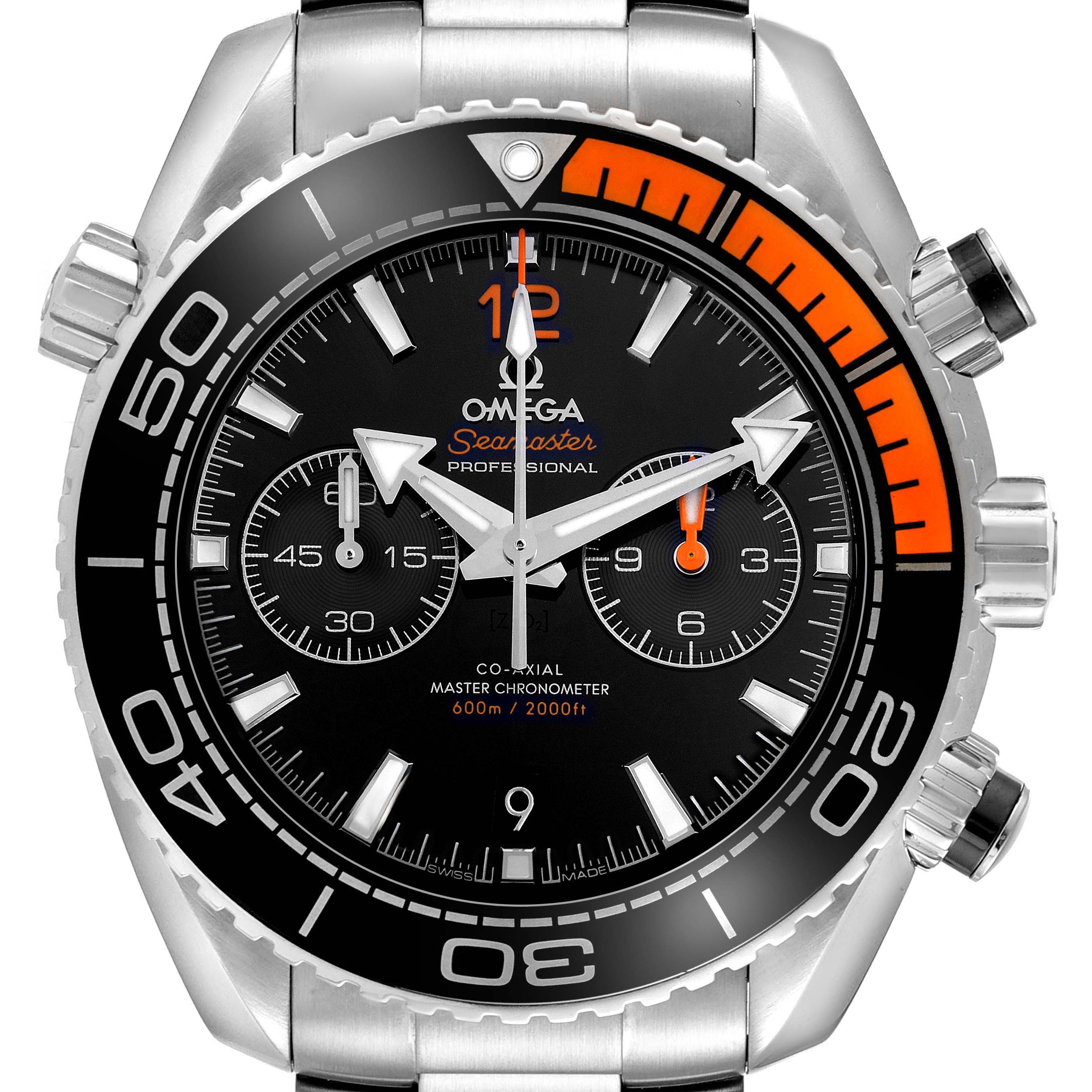 The Omega Planet Ocean 215.30.46.51.01.002 Men
s Stainless Steel Black Dial 215.30.46.51.01.002 Men
s Stainless Steel Black Dial watch is shown from the front, displaying its bezel, dial, subdials, and pushers.