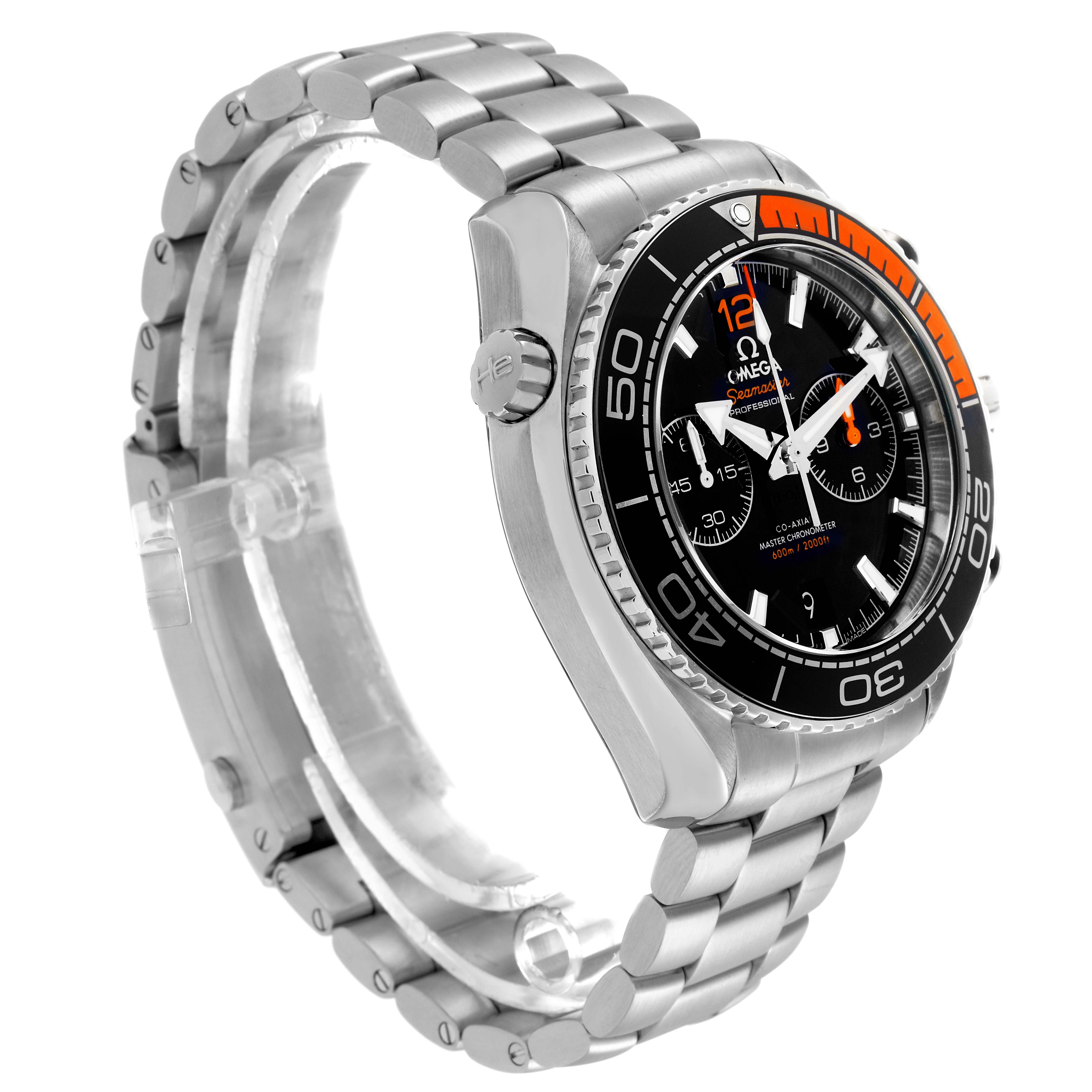 The Omega Planet Ocean 215.30.46.51.01.002 Men
s Stainless Steel Black Dial 215.30.46.51.01.002 Men
s Stainless Steel Black Dial watch is shown at a three-quarter angle, displaying the case, bezel, dial, and stainless steel bracelet.