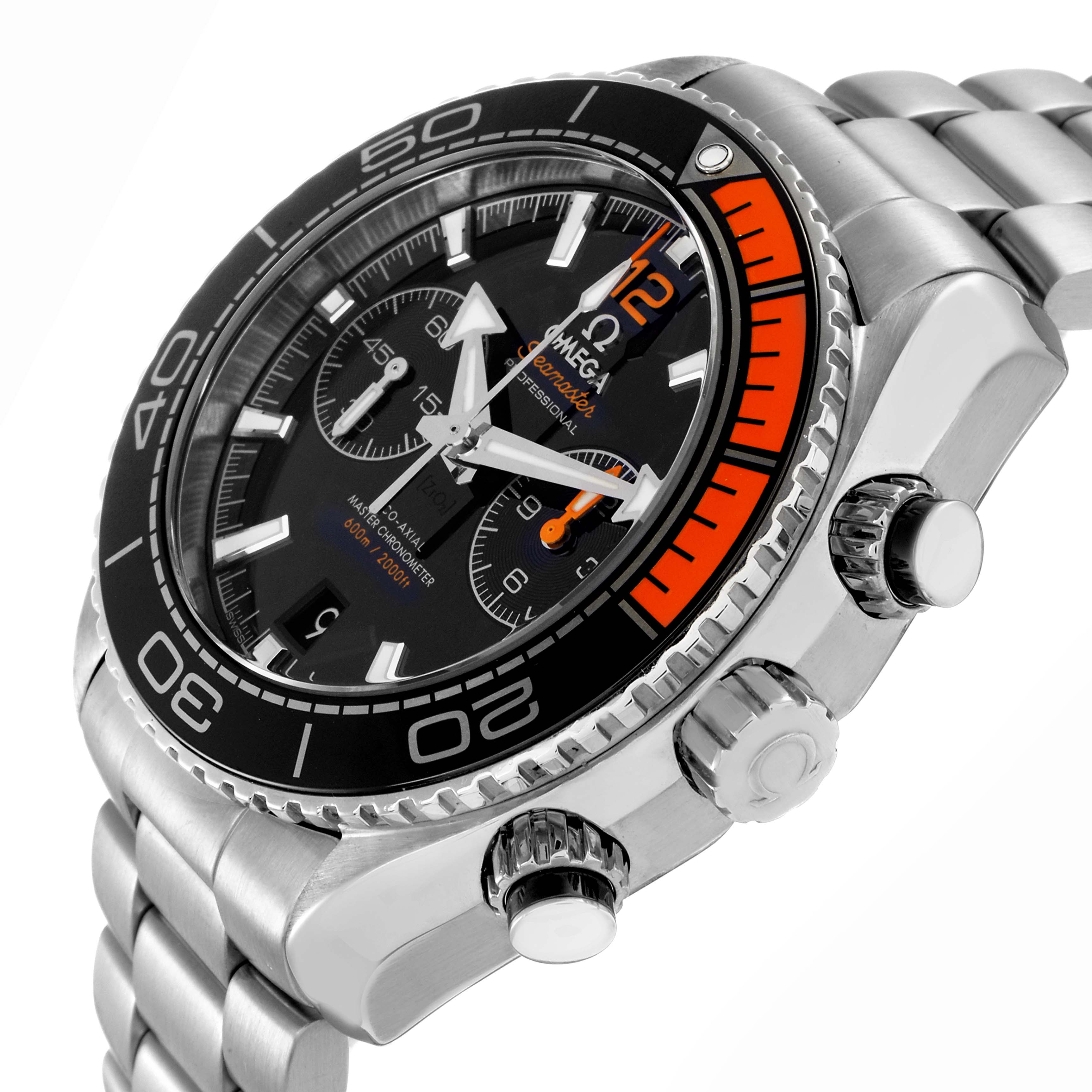 The Omega Planet Ocean 215.30.46.51.01.002 Men
s Stainless Steel Black Dial 215.30.46.51.01.002 Men
s Stainless Steel Black Dial watch is shown at a three-quarter angle, highlighting the bezel, dial, crown, and push-buttons.