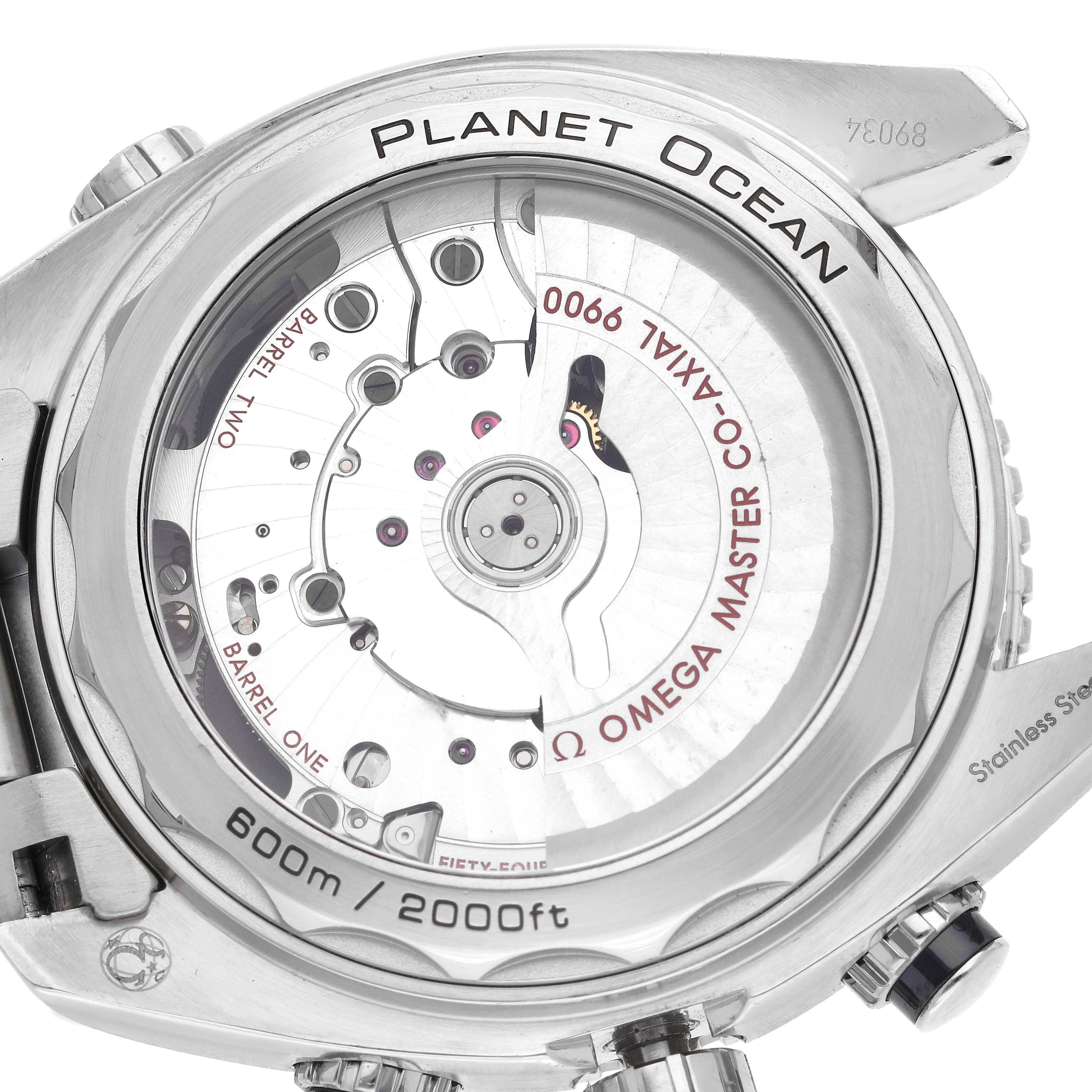 The image shows the back view of the Omega Planet Ocean 215.30.46.51.01.002 Men
s Stainless Steel Black Dial 215.30.46.51.01.002 Men
s Stainless Steel Black Dial watch, highlighting the movement and engraving details.