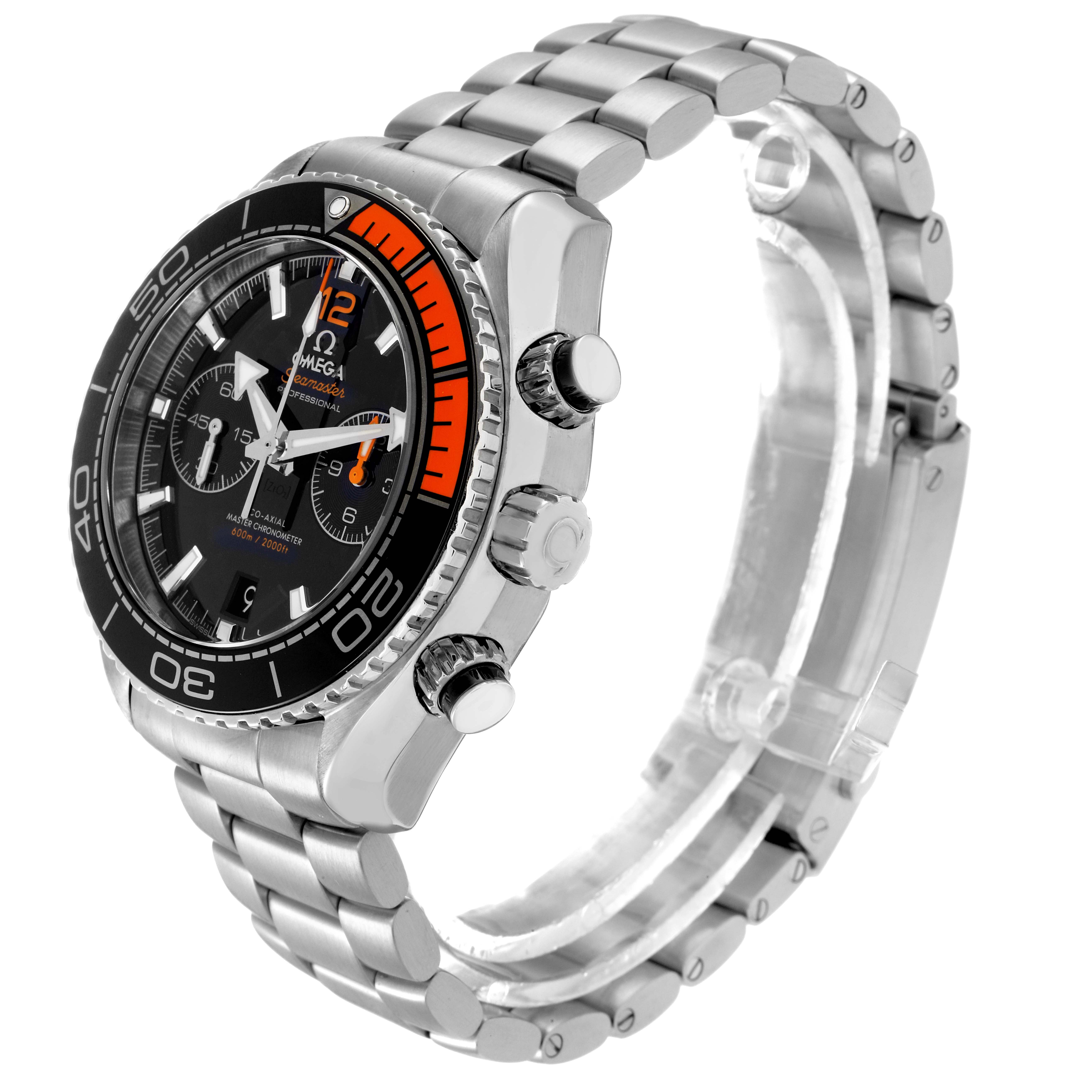 The Omega Planet Ocean 215.30.46.51.01.002 Men
s Stainless Steel Black Dial 215.30.46.51.01.002 Men
s Stainless Steel Black Dial watch is angled to show its face, bezel, crown, and stainless steel bracelet.