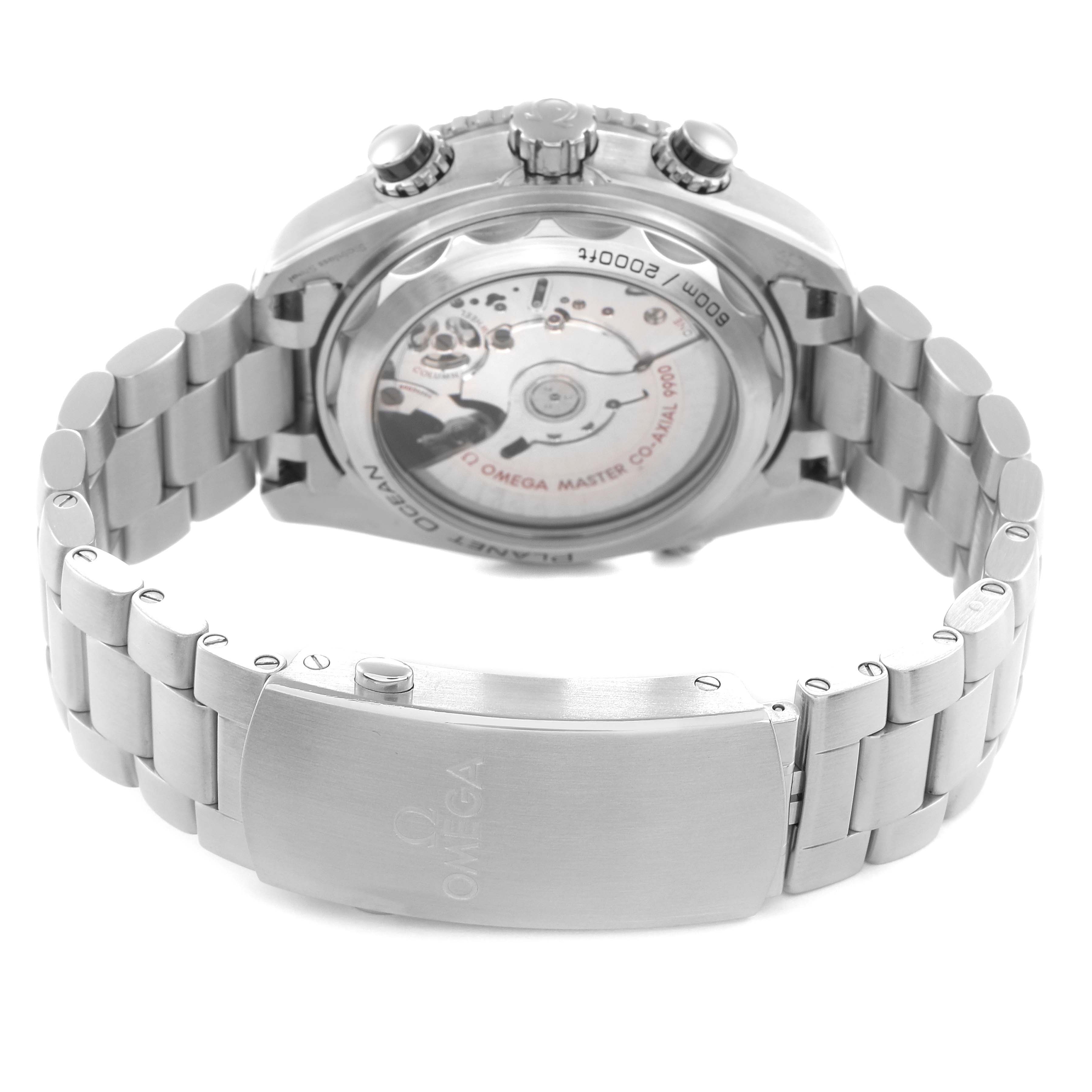 The Omega Planet Ocean 215.30.46.51.01.002 Men
s Stainless Steel Black Dial 215.30.46.51.01.002 Men
s Stainless Steel Black Dial is shown from the back, displaying the case back, movement, crown, and metal bracelet with the clasp.