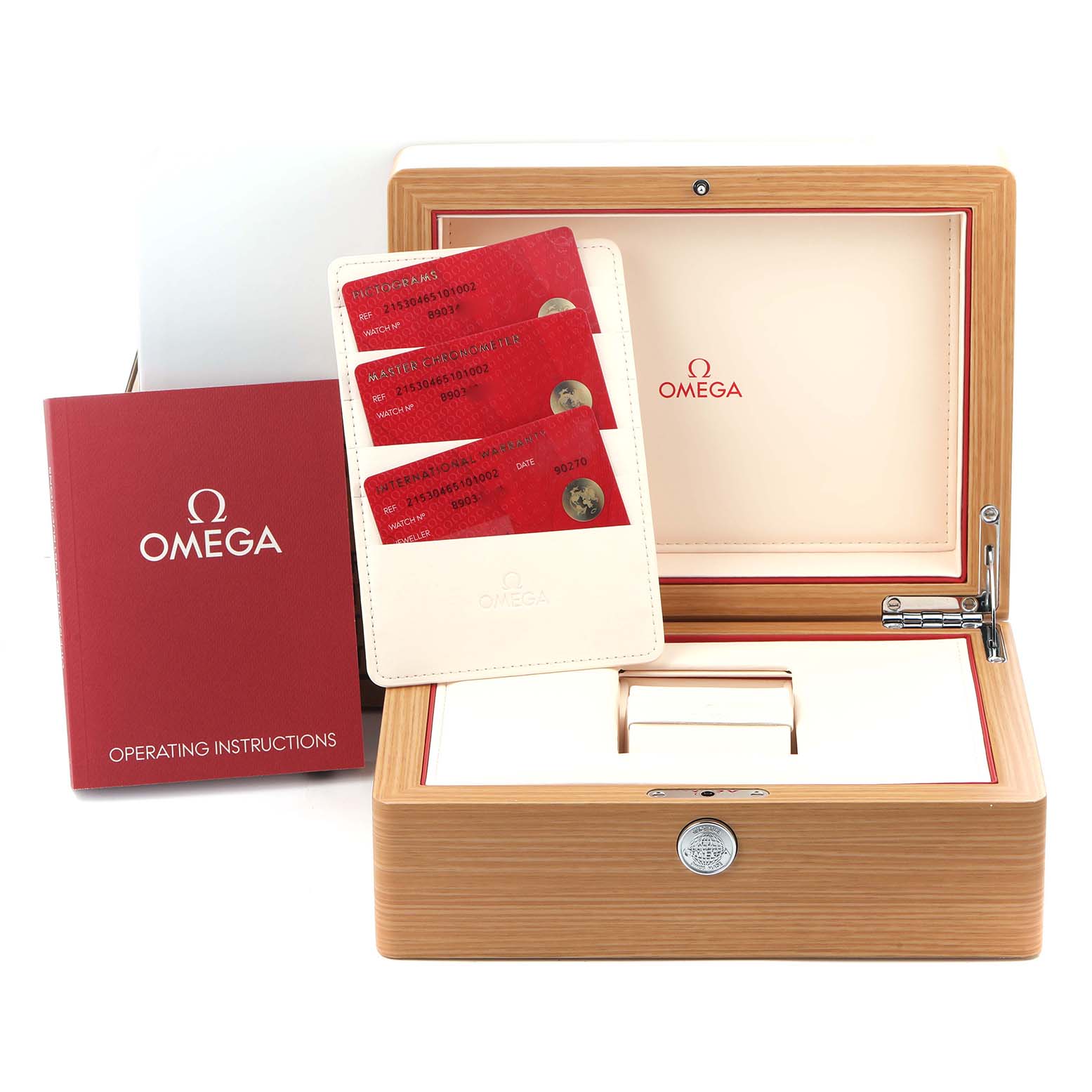 The image shows the Omega Planet Ocean 215.30.46.51.01.002 Men
s Stainless Steel Black Dial 215.30.46.51.01.002 Men
s Stainless Steel Black Dial watch box, with the manual and cards clearly visible.