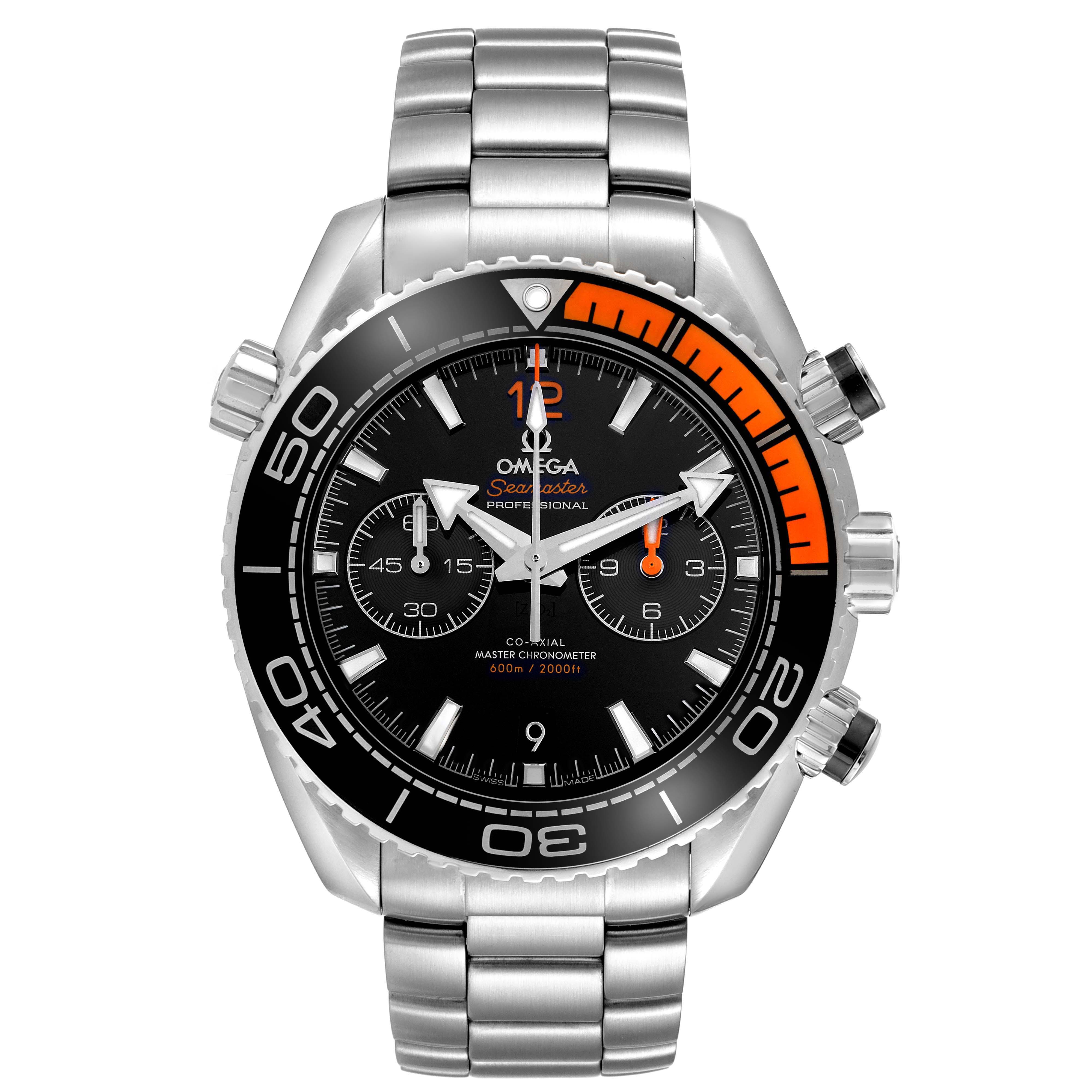 The Omega Planet Ocean 215.30.46.51.01.002 Men
s Stainless Steel Black Dial 215.30.46.51.01.002 Men
s Stainless Steel Black Dial watch is shown from a front angle, displaying the dial, bezel, and bracelet clearly.