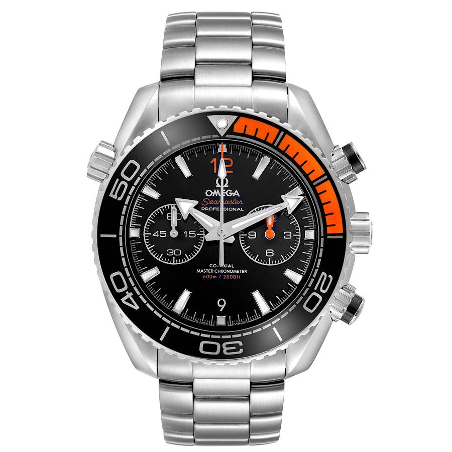 The Omega Planet Ocean watch is shown from a front angle, displaying the dial, bezel, and bracelet clearly.
