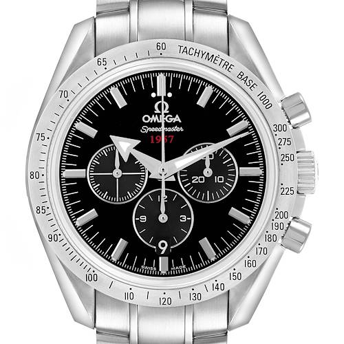 The Omega Speedmaster 321.10.42.50.01.001 Men's Stainless Steel Black Dial watch is shown from a straight-on angle, displaying its black dial, tachymeter bezel, and stainless steel bracelet.