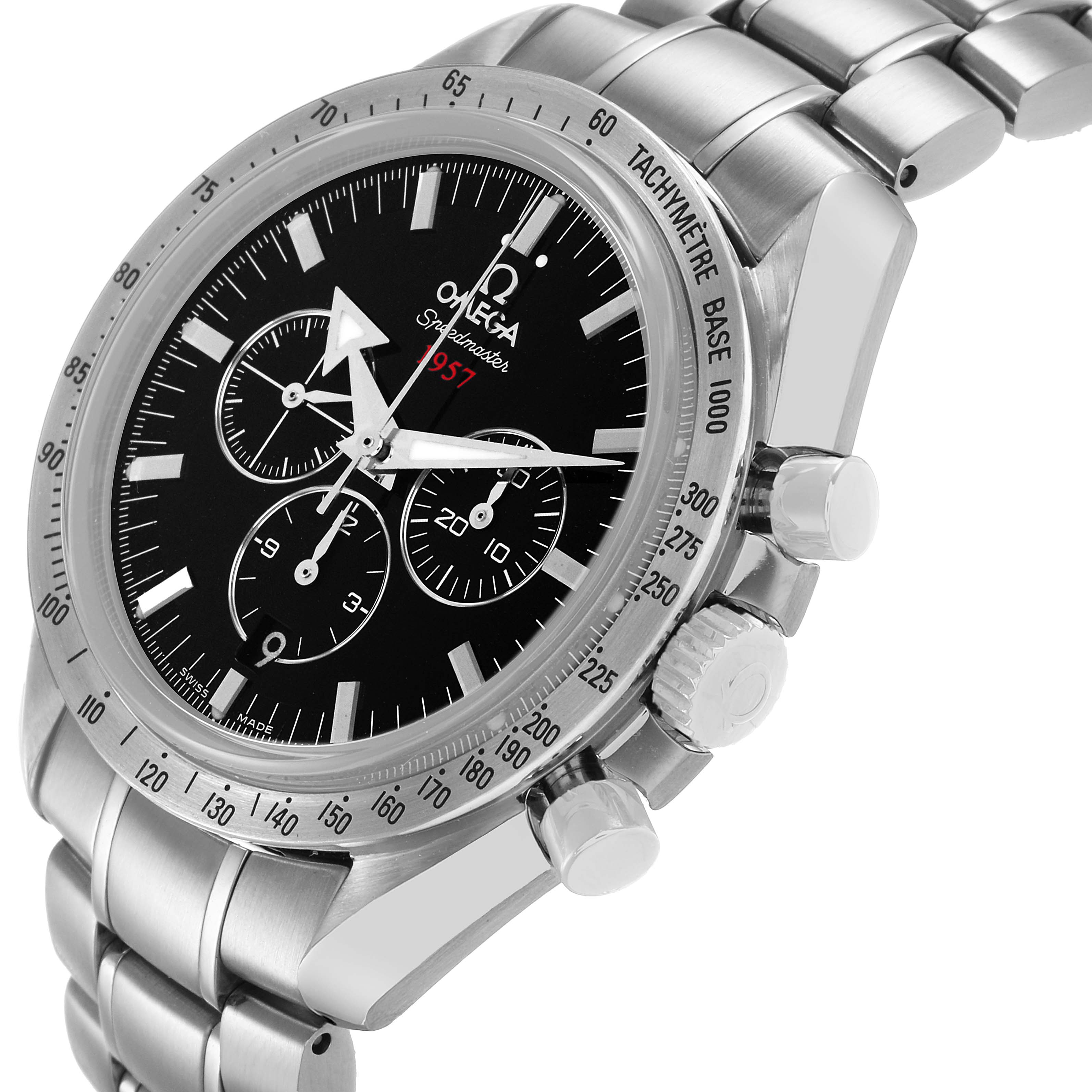 The Omega Speedmaster 321.10.42.50.01.001 Men's Stainless Steel Black Dial watch is shown at an angled side view, displaying its face, chronograph dials, case, and bracelet.