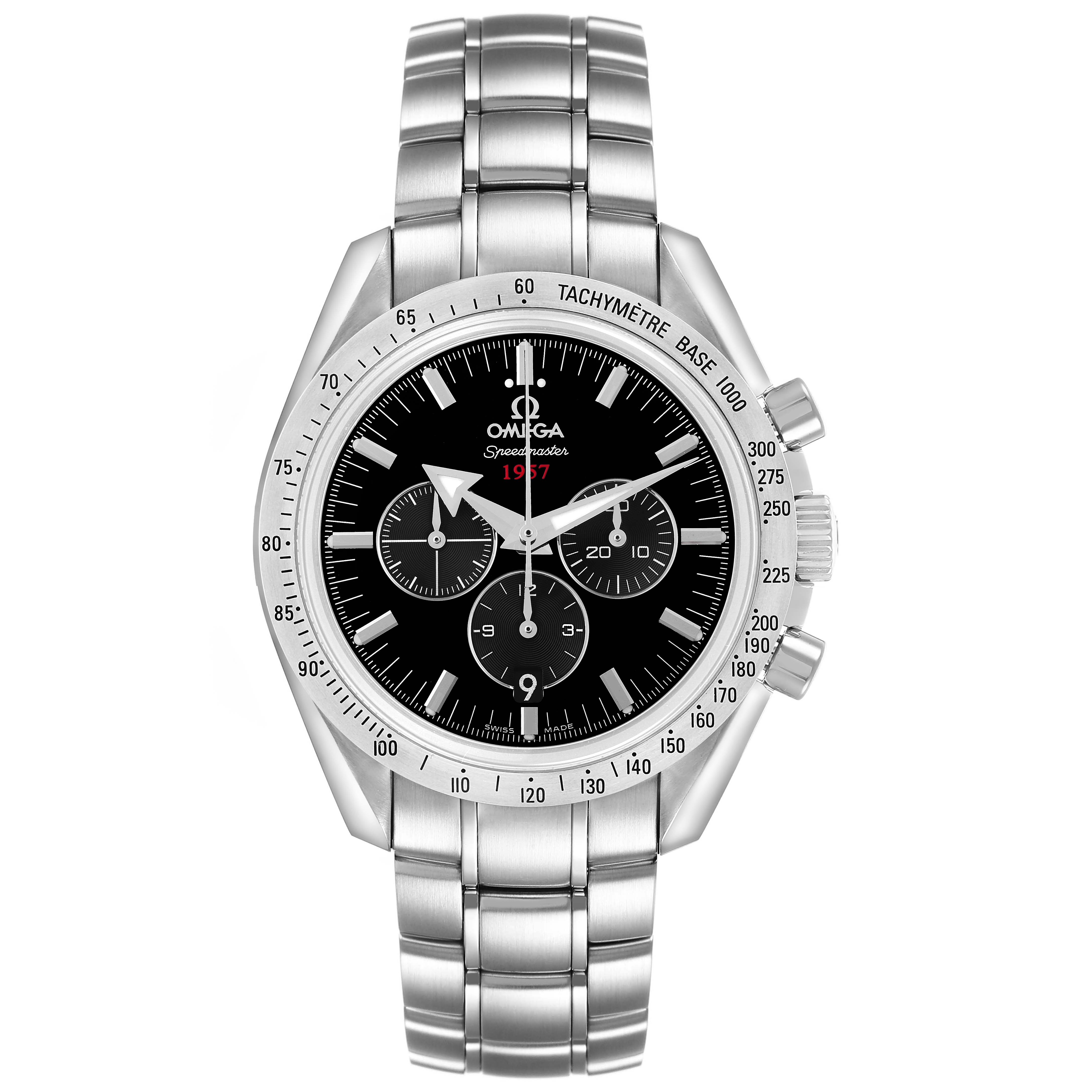 The Omega Speedmaster 321.10.42.50.01.001 Men's Stainless Steel Black Dial watch is shown from a front angle, displaying the dial, bezel, crown, pushers, and bracelet.