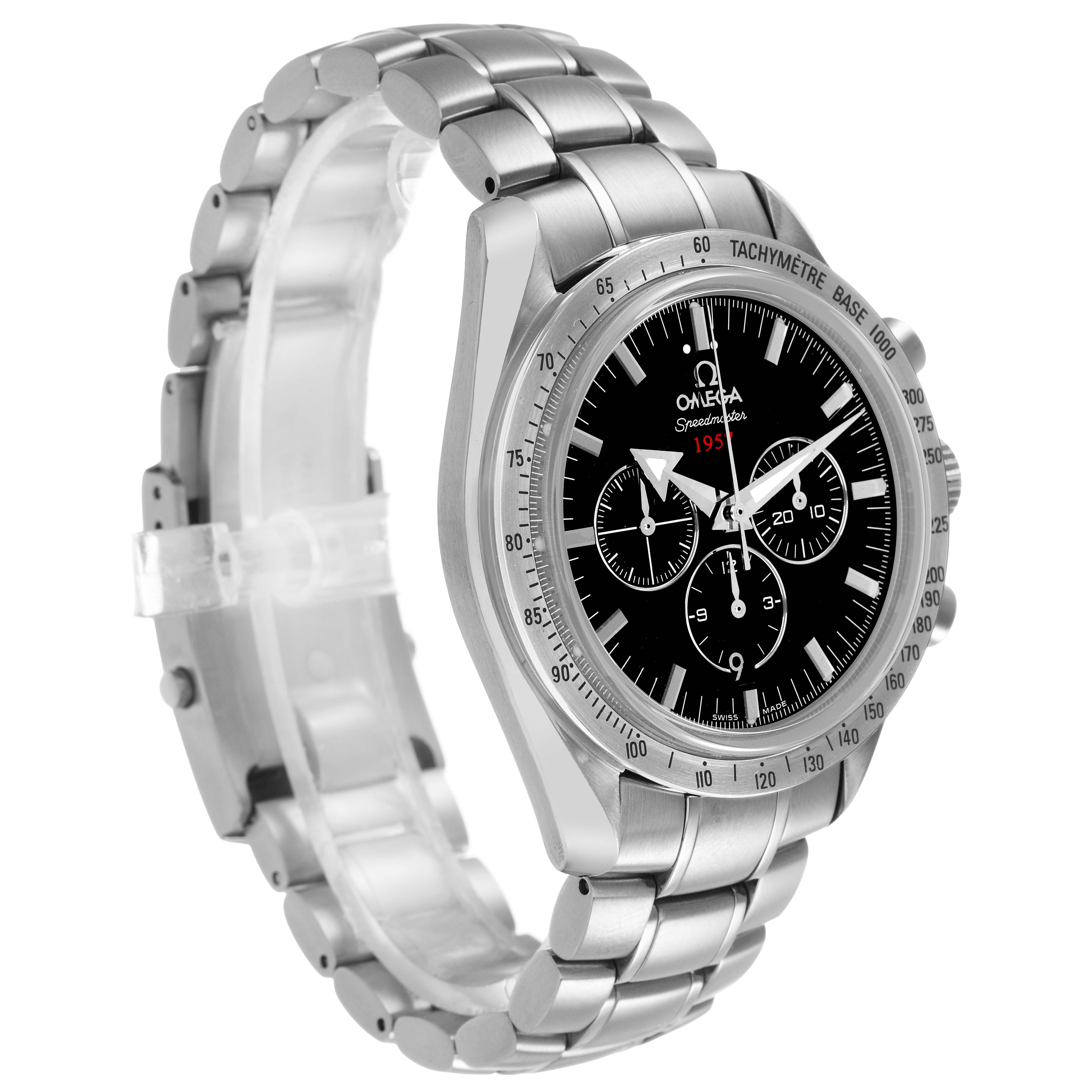 The Omega Speedmaster 321.10.42.50.01.001 Men's Stainless Steel Black Dial watch is shown at a three-quarter angle, highlighting its stainless steel bracelet and tachymeter bezel.