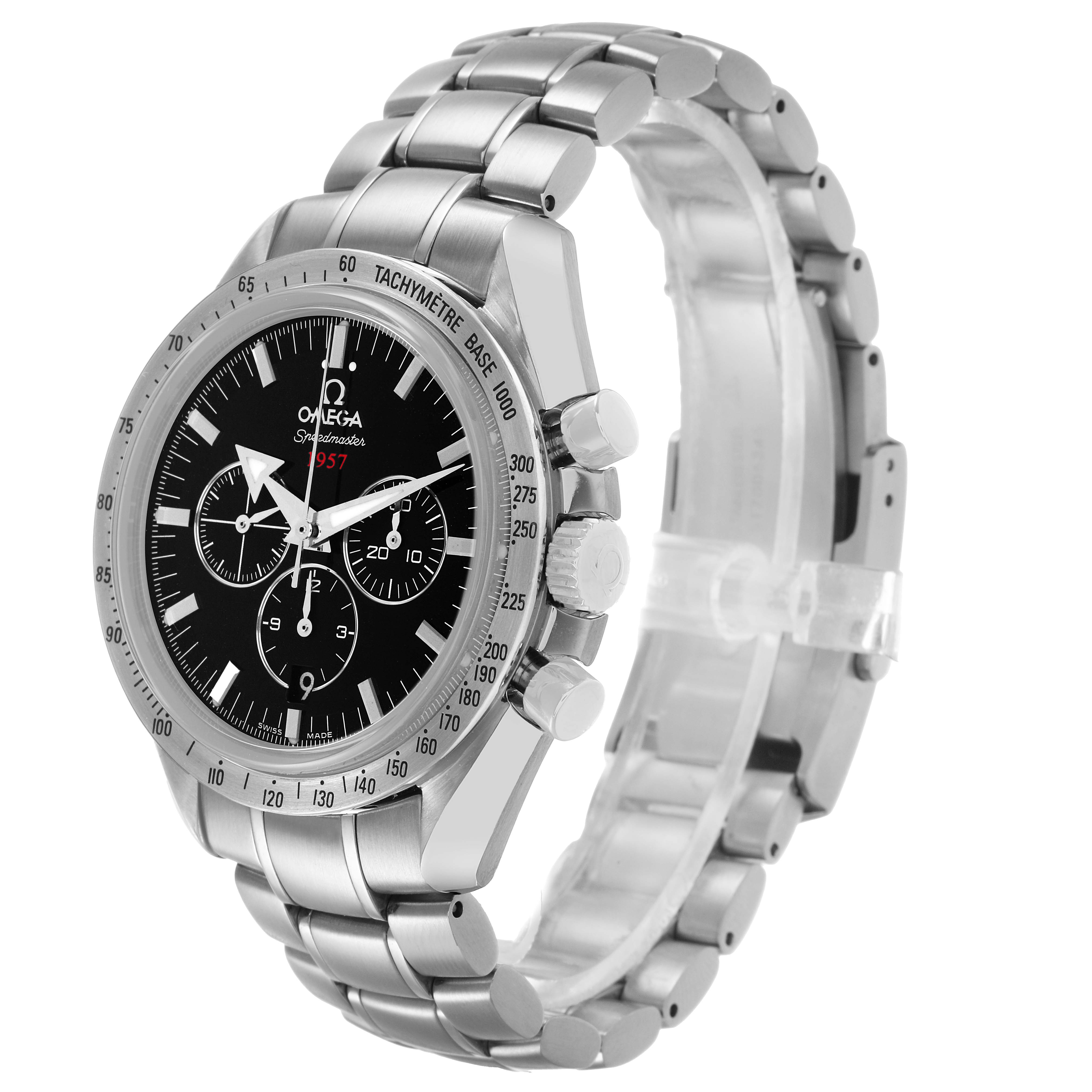 The Omega Speedmaster 321.10.42.50.01.001 Men's Stainless Steel Black Dial watch is shown at a three-quarter angle, displaying the black dial, tachymetric bezel, and stainless steel bracelet.