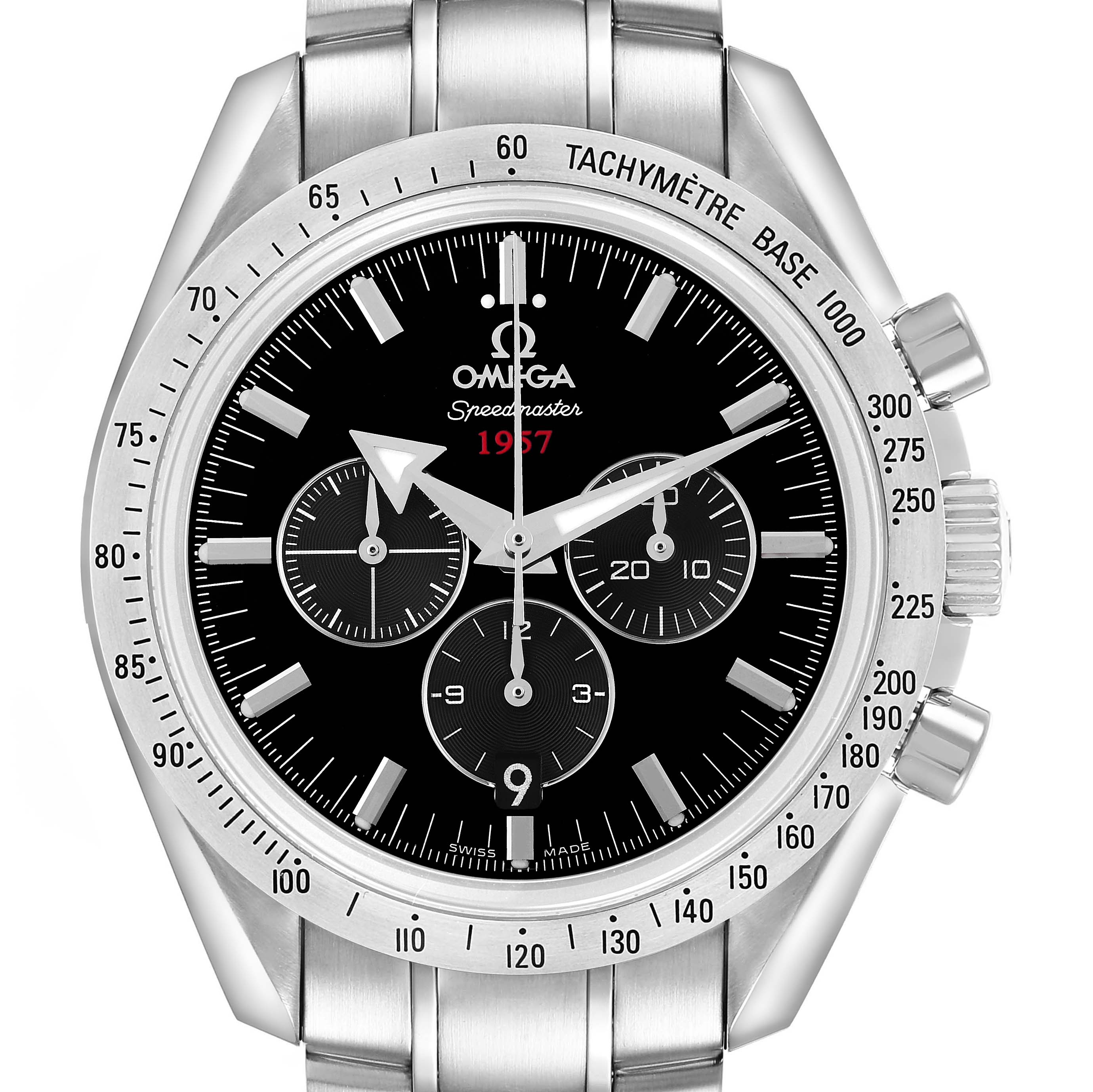 The Omega Speedmaster 321.10.42.50.01.001 Men's Stainless Steel Black Dial is shown from the front, displaying its black dial, tachymeter bezel, and stainless steel bracelet.