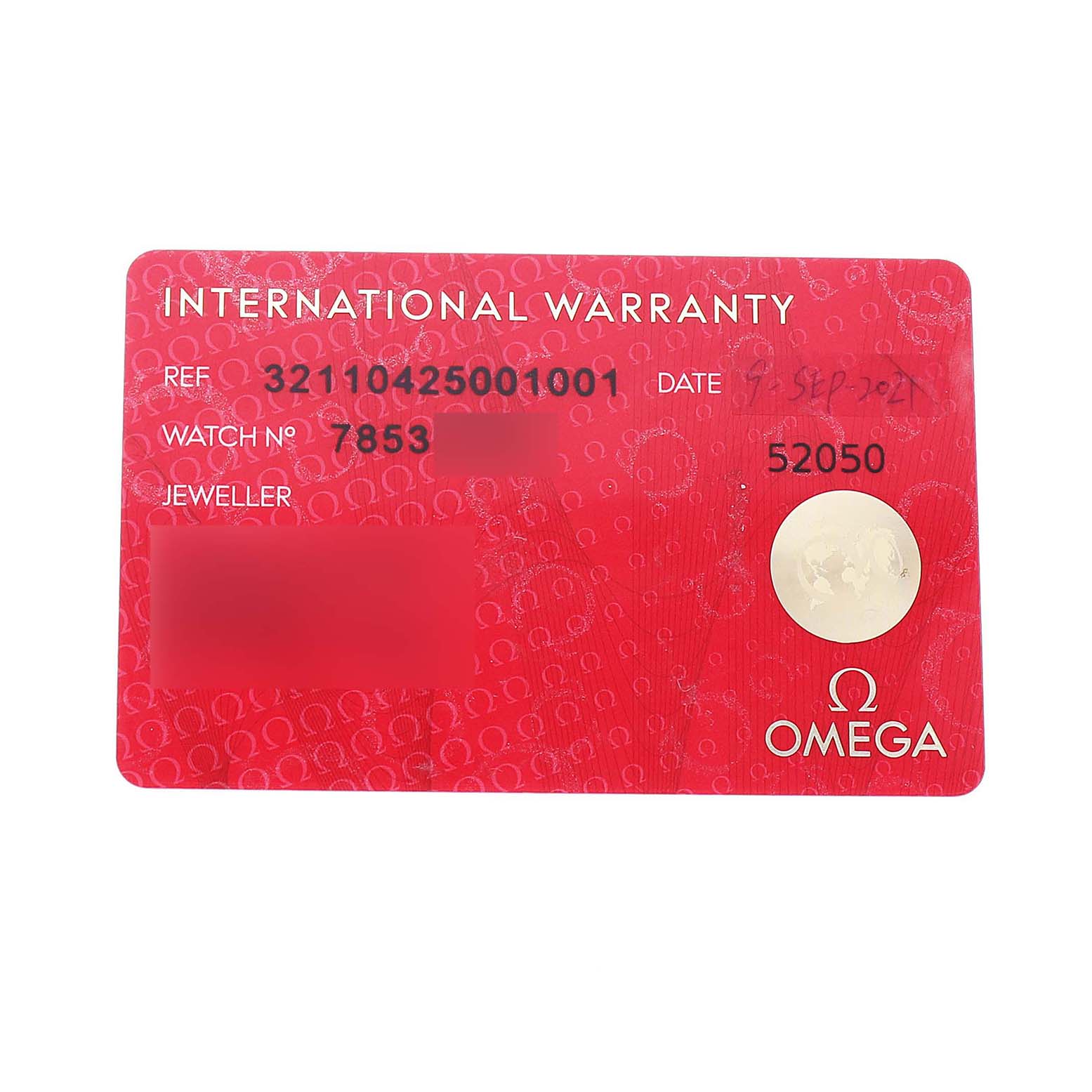 The image shows an Omega Speedmaster 321.10.42.50.01.001 Men's Stainless Steel Black Dial International Warranty card, displaying reference and watch numbers.