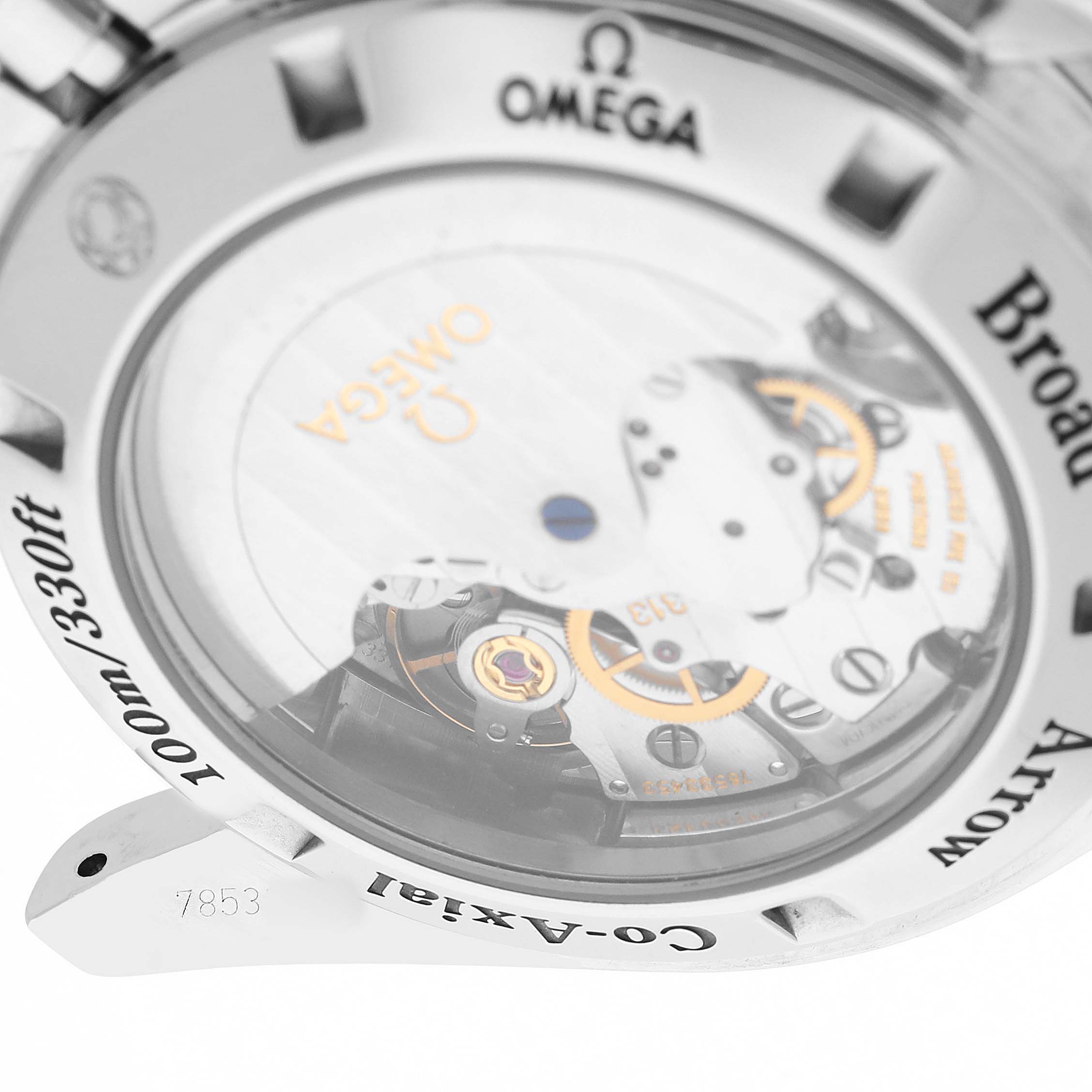 The image shows the back of an Omega Speedmaster 321.10.42.50.01.001 Men's Stainless Steel Black Dial, highlighting its transparent case back and Co-Axial movement.